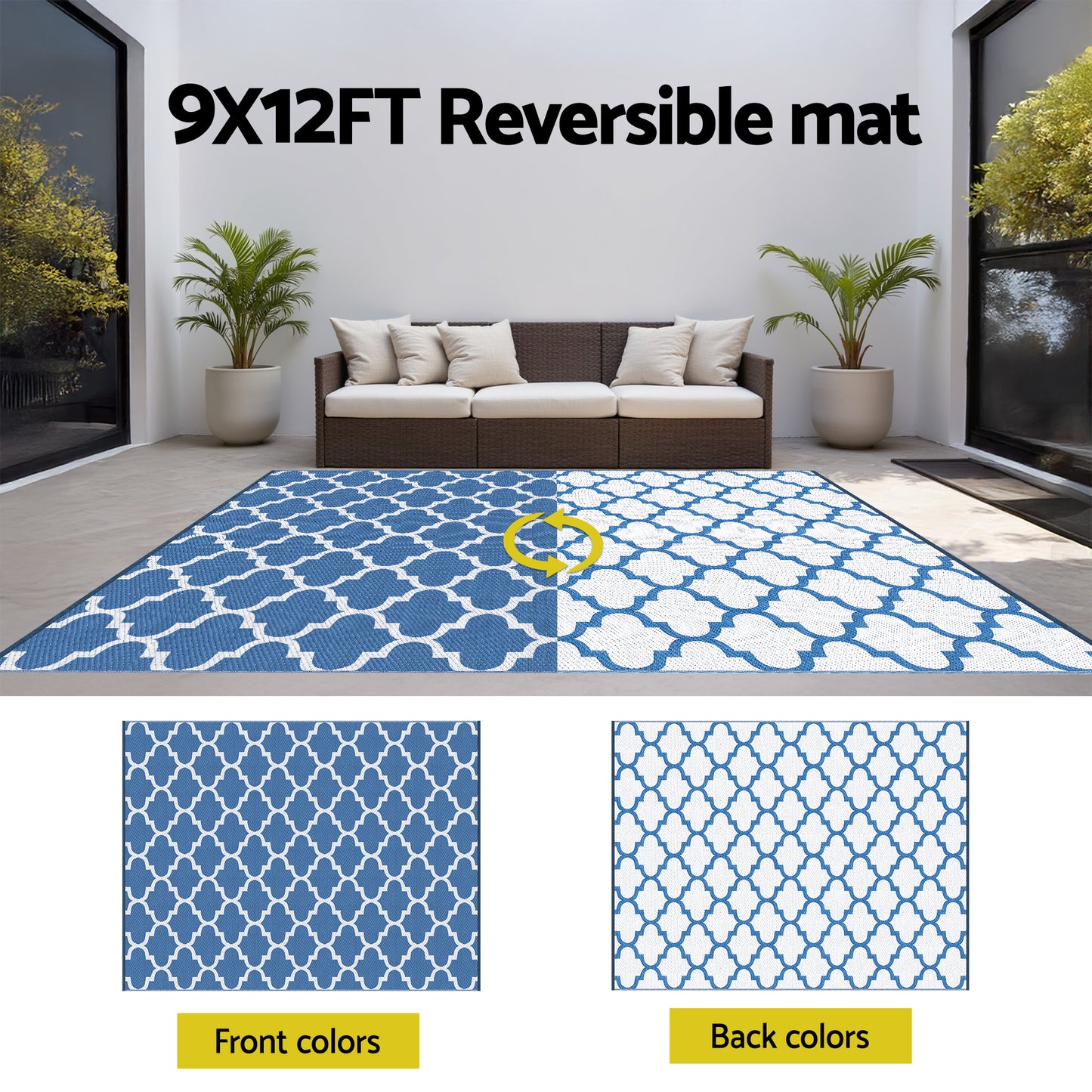 Gardeon Outdoor Rugs 274x366cm Large Carpet Reversible Area Mat PP Dual-Sided Patio Rug Blue OR-9X12FT-WAVE-BU