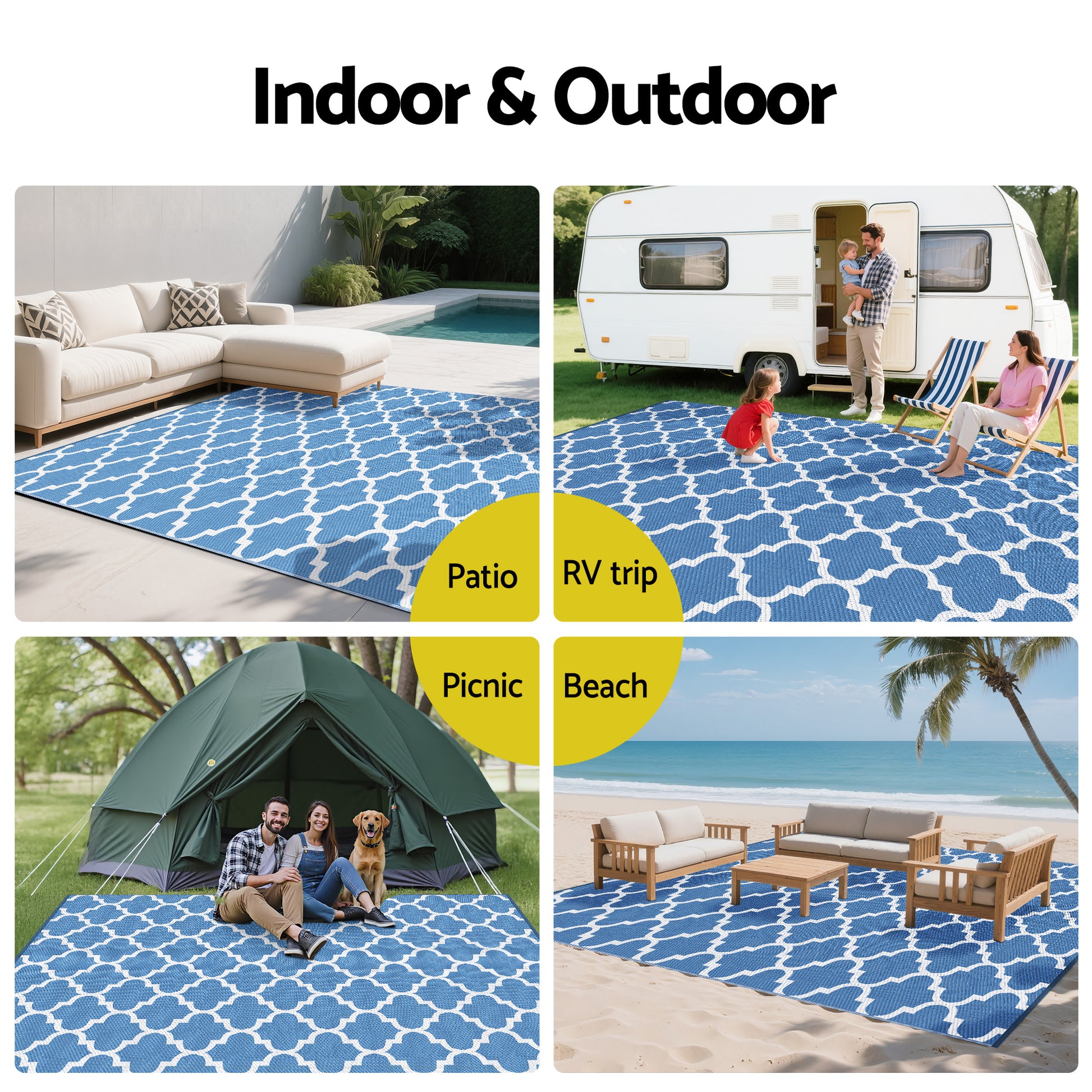 Gardeon Outdoor Rugs 274x366cm Large Carpet Reversible Area Mat PP Dual-Sided Patio Rug Blue OR-9X12FT-WAVE-BU