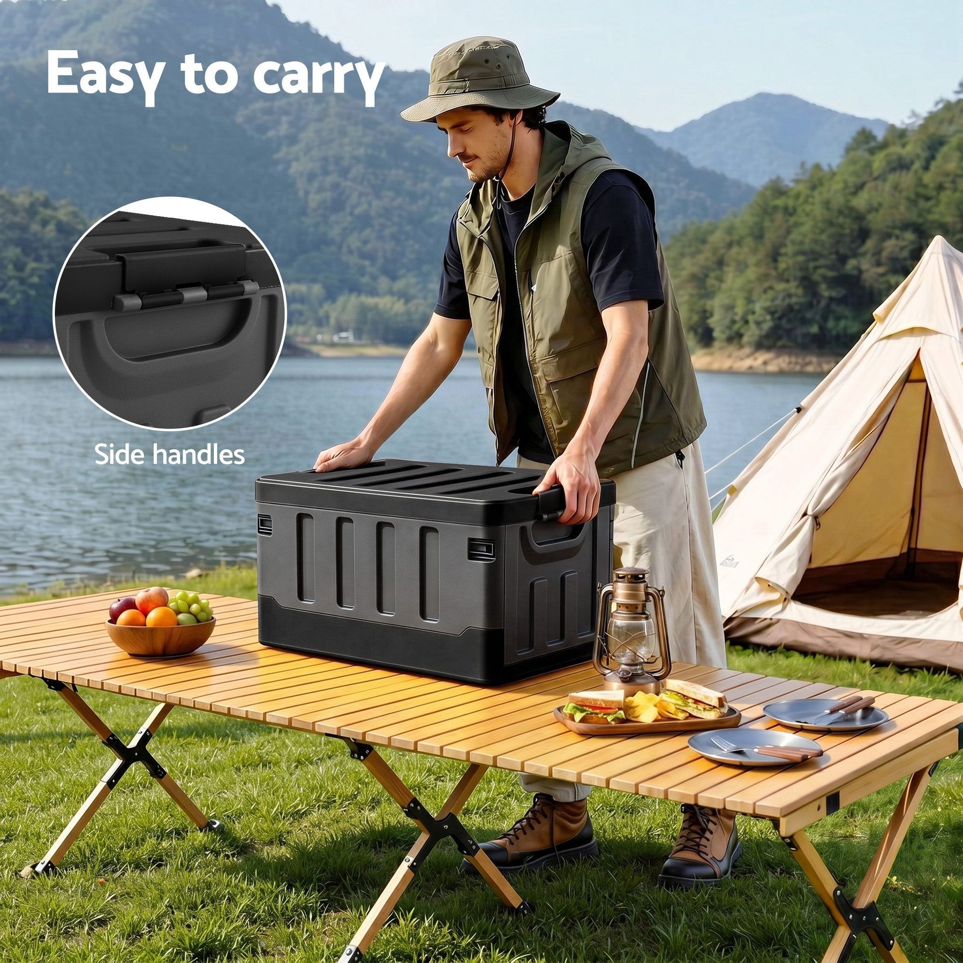 Gardeon Collapsible Outdoor Storage Box 60L Stackable Folding Camping Organizer Black OSB-60L-STR-BK