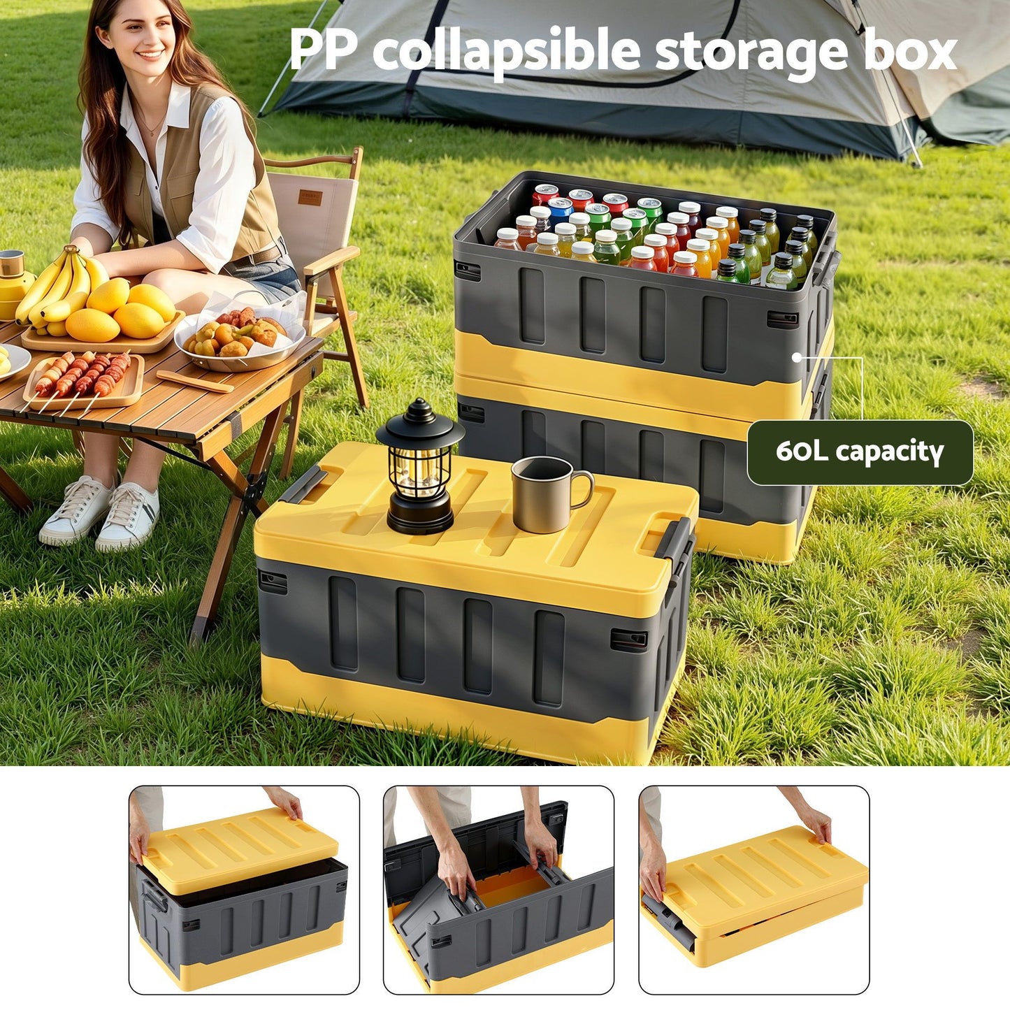 Gardeon Collapsible Outdoor Storage Box 60L Stackable Folding Camping Organizer Yellow OSB-60L-STR-YE