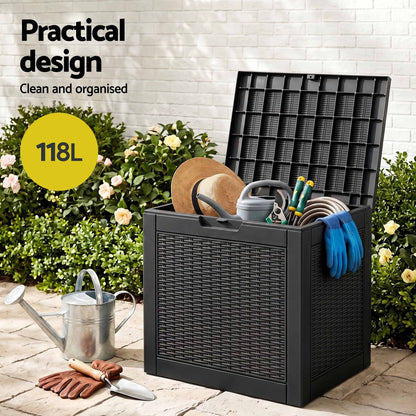 Gardeon Outdoor Storage Box 118L Container Lockable Garden Toy Tool Rattan-Texture Black OSB-RAT-118L-BK
