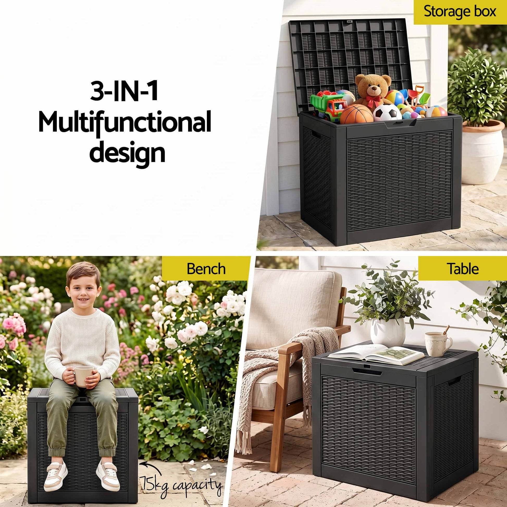 Gardeon Outdoor Storage Box 118L Container Lockable Garden Toy Tool Rattan-Texture Black OSB-RAT-118L-BK