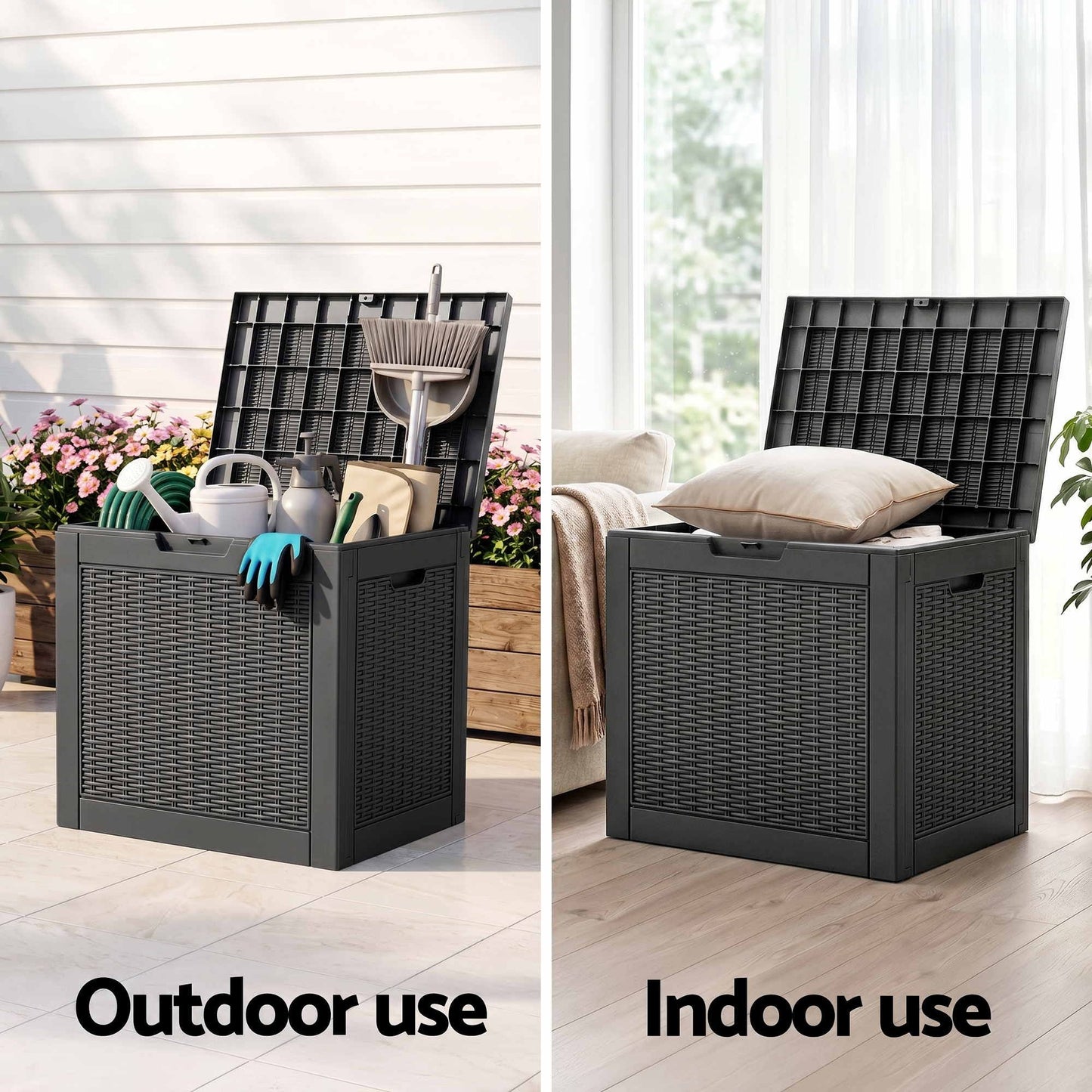 Gardeon Outdoor Storage Box 118L Container Lockable Garden Toy Tool Rattan-Texture Black OSB-RAT-118L-BK