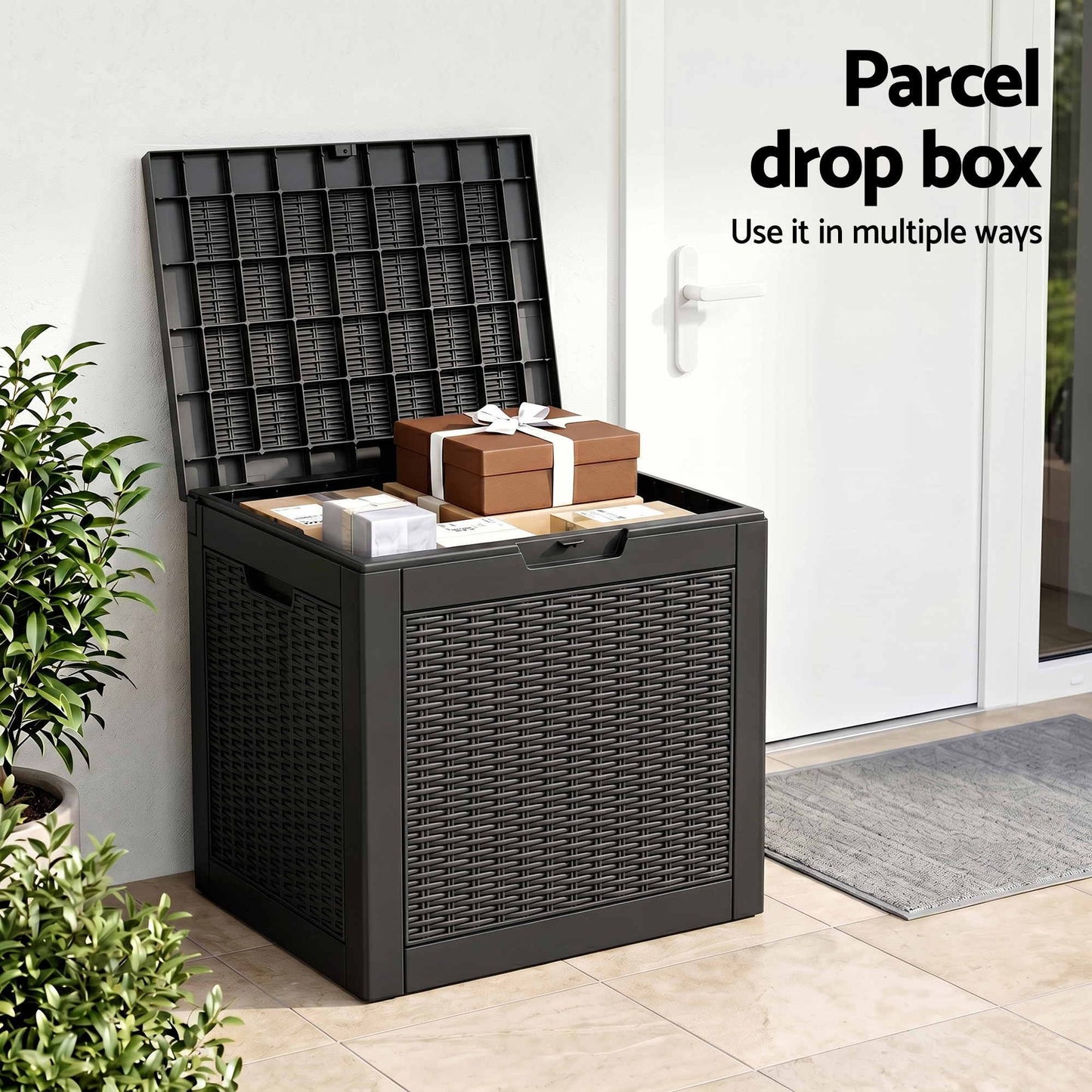 Gardeon Outdoor Storage Box 118L Container Lockable Garden Toy Tool Rattan-Texture Black OSB-RAT-118L-BK
