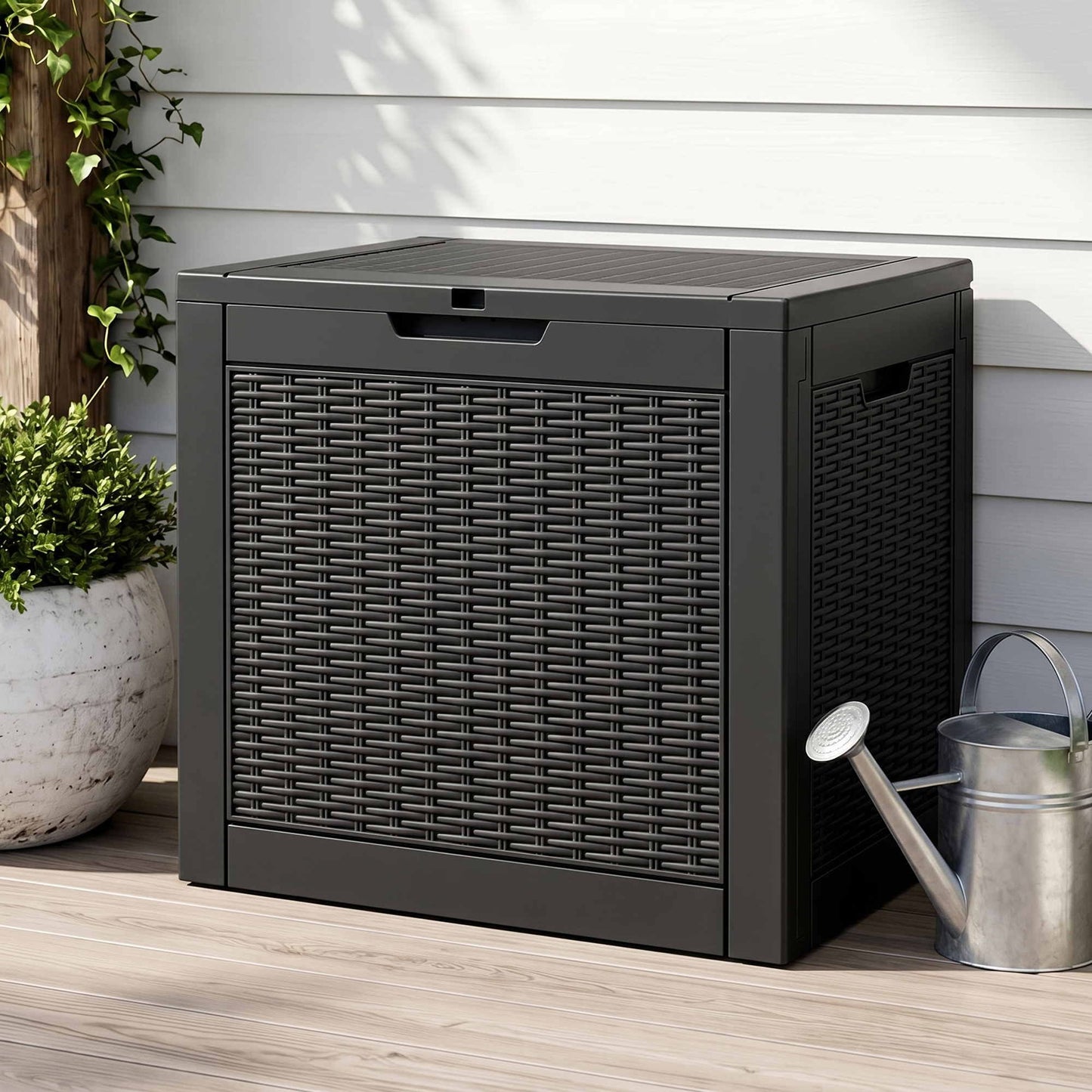 Gardeon Outdoor Storage Box 118L Container Lockable Garden Toy Tool Rattan-Texture Black OSB-RAT-118L-BK