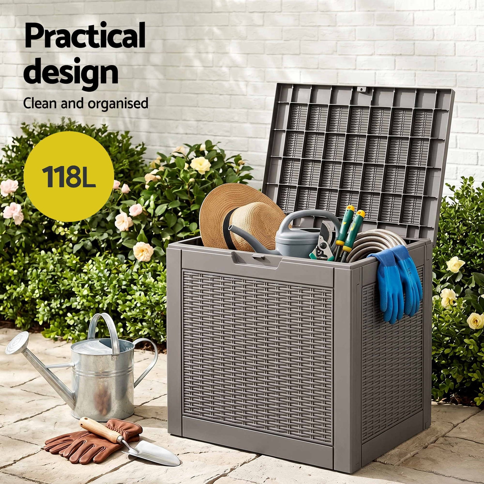 Gardeon Outdoor Storage Box 118L Container Lockable Garden Toy Tool Rattan-Texture Brown OSB-RAT-118L-BR