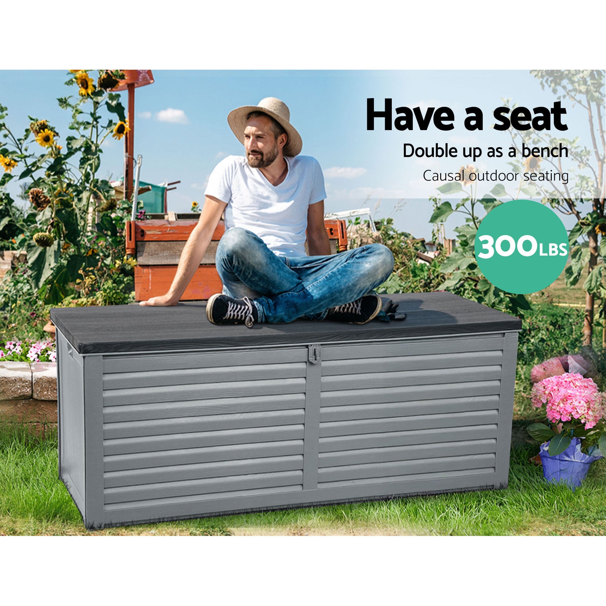 Gardeon Outdoor Storage Box 390L Container Lockable Garden Bench Tools Toy Shed Black OSB-S390-BK