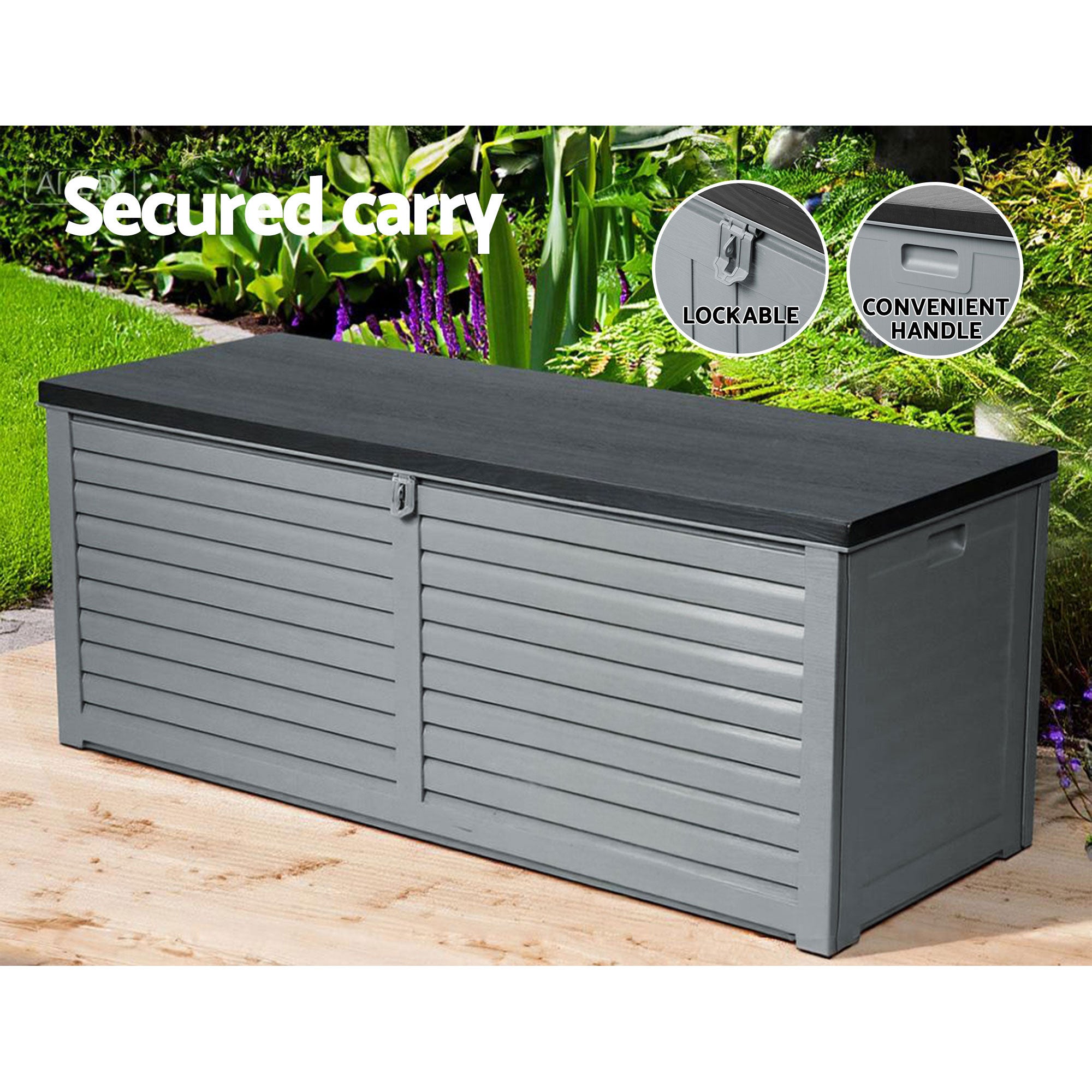 Gardeon Outdoor Storage Box 390L Container Lockable Garden Bench Tools Toy Shed Black OSB-S390-BK