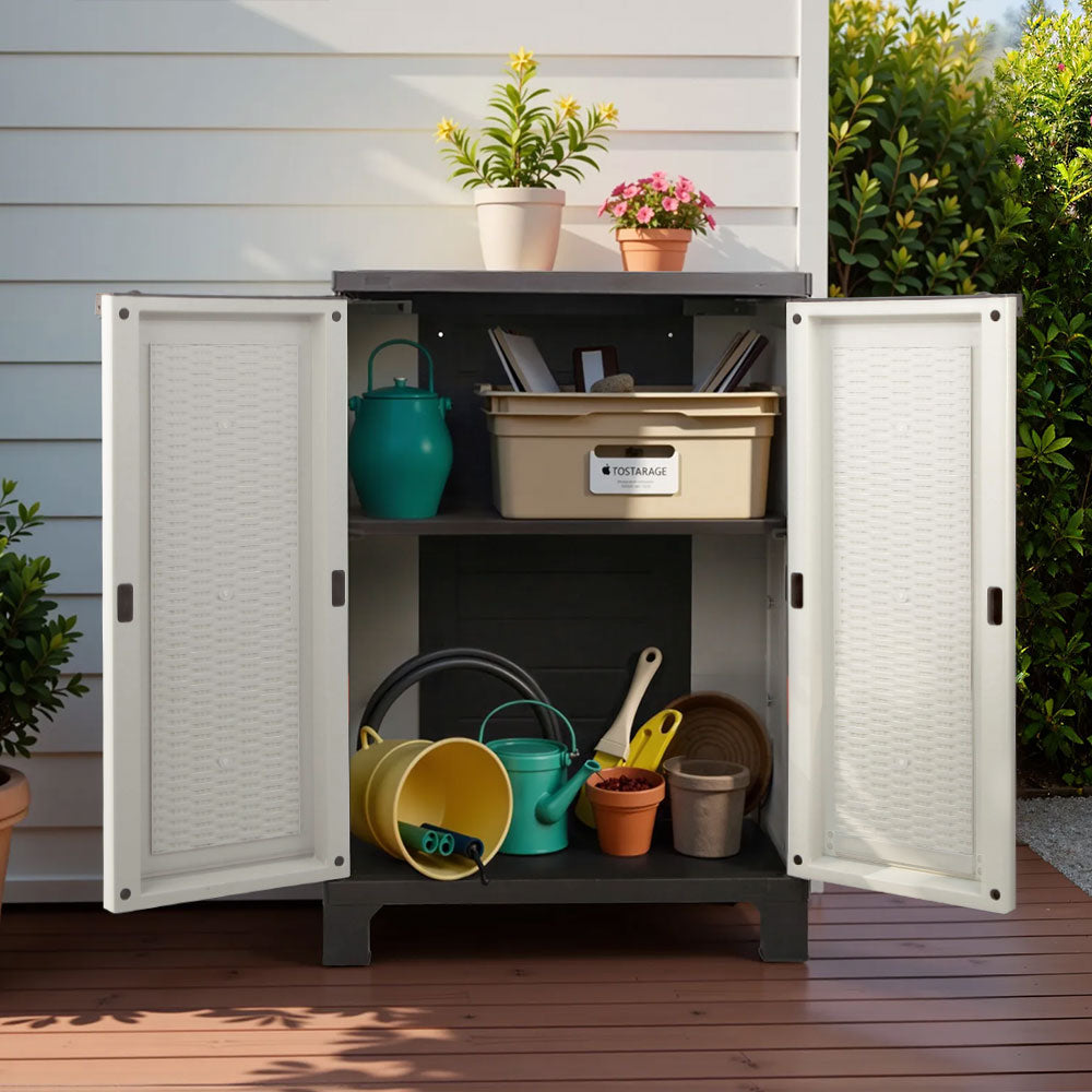 Gardeon Outdoor Storage Cabinet Box 92cm Lockable Cupboard Sheds Adjustable Rattan Beige OSC-CABI-L2F
