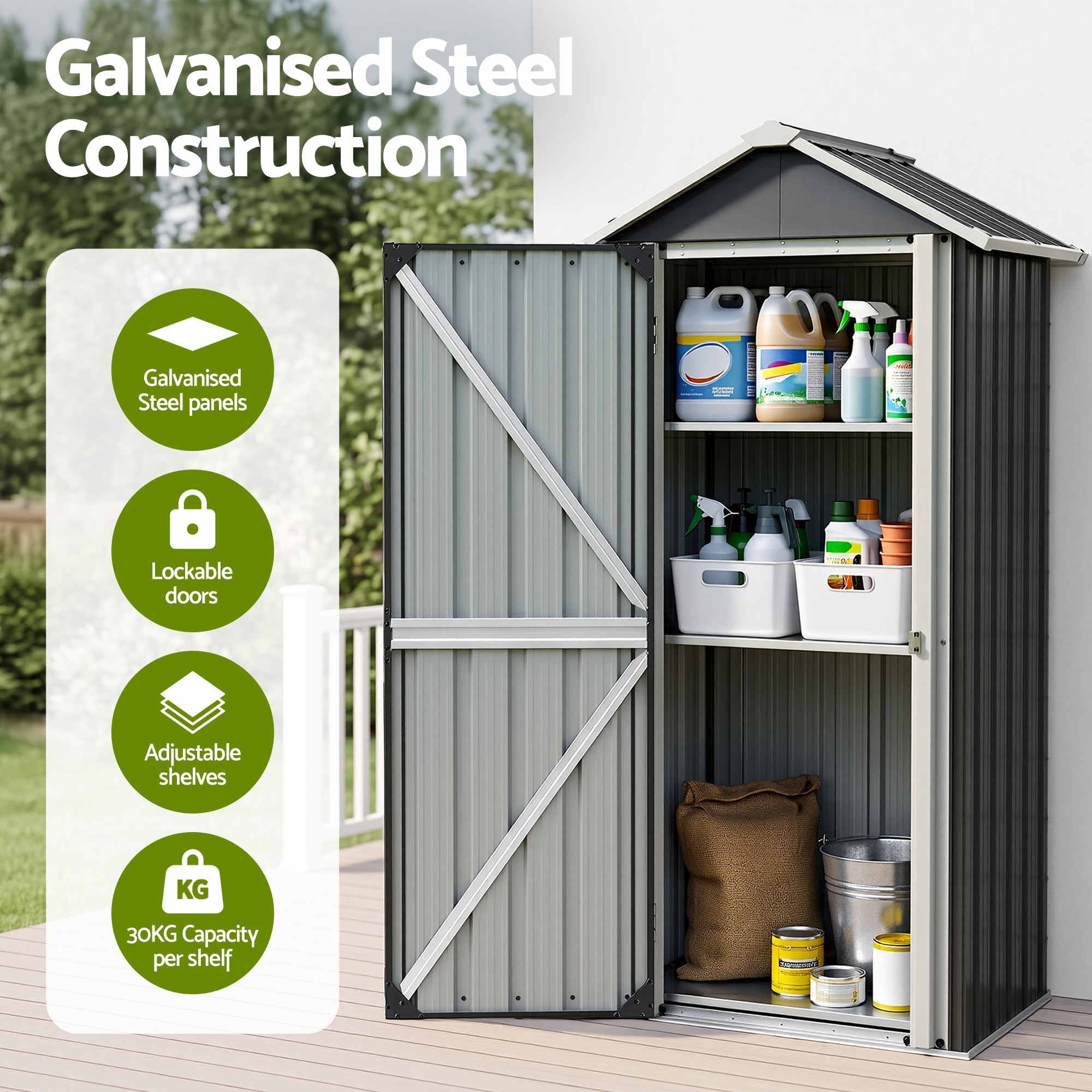 Gardeon Outdoor Storage Cabinet Garden Shed Steel Tool Lockable Cupboard Adjustable Shelves OSC-CABI-SL-ROOF-BK