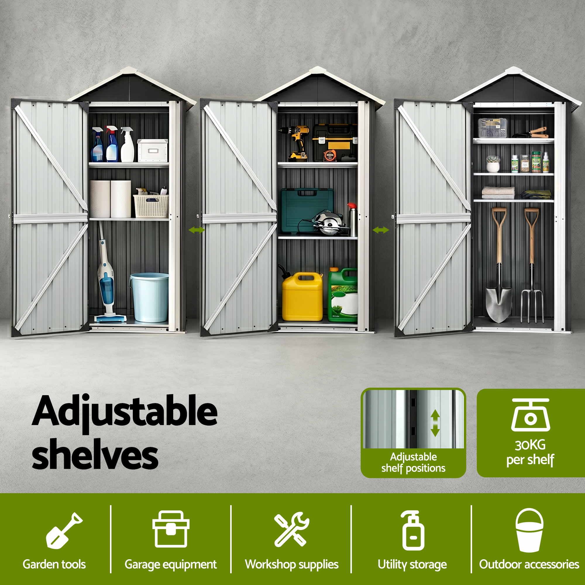 Gardeon Outdoor Storage Cabinet Garden Shed Steel Tool Lockable Cupboard Adjustable Shelves OSC-CABI-SL-ROOF-BK