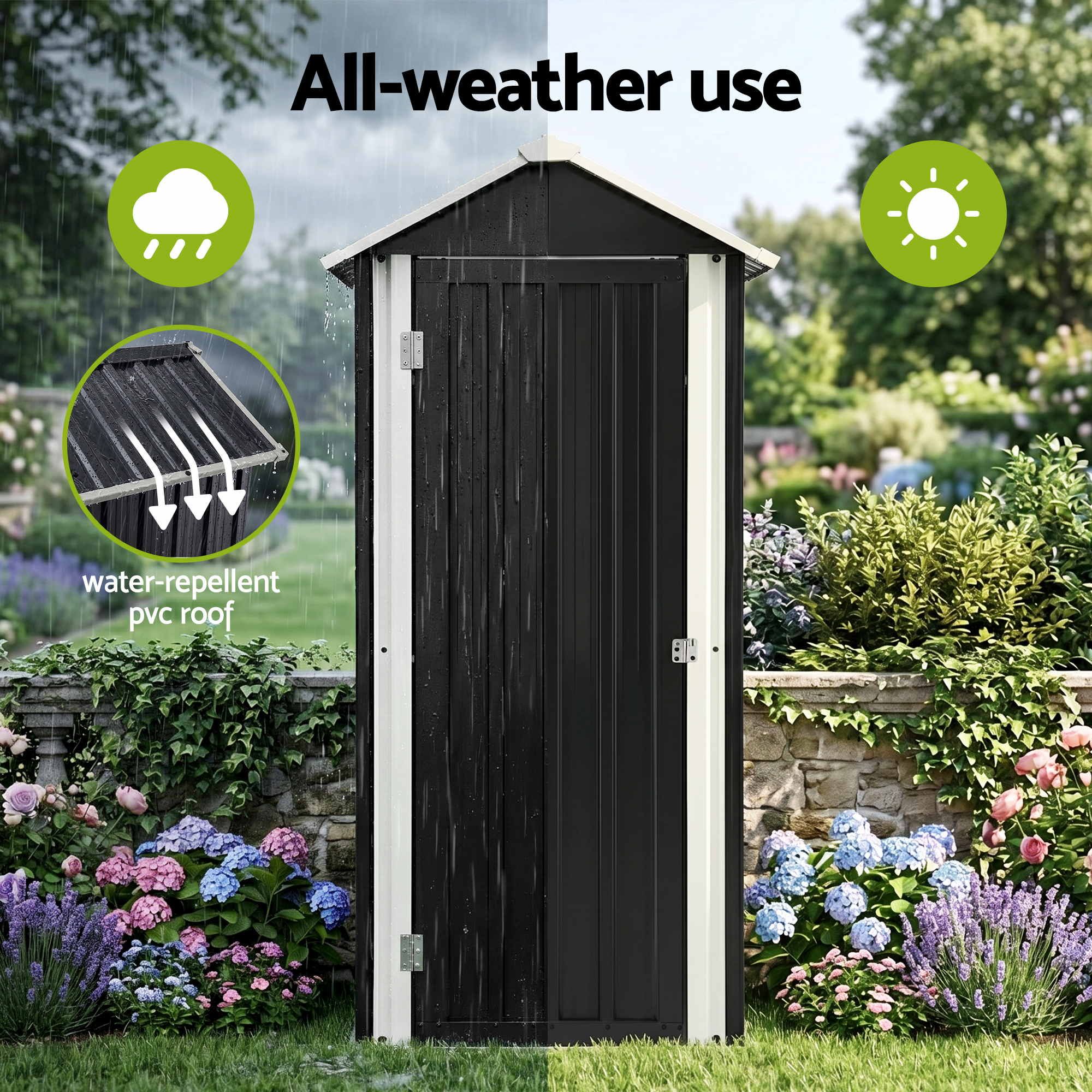 Gardeon Outdoor Storage Cabinet Garden Shed Steel Tool Lockable Cupboard Adjustable Shelves OSC-CABI-SL-ROOF-BK