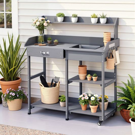 Gardeon Outdoor Potting Bench Table Storage Cabinet Potters Garden Workstation Grey OSC-CABI-WOOD-WHEEL-GE