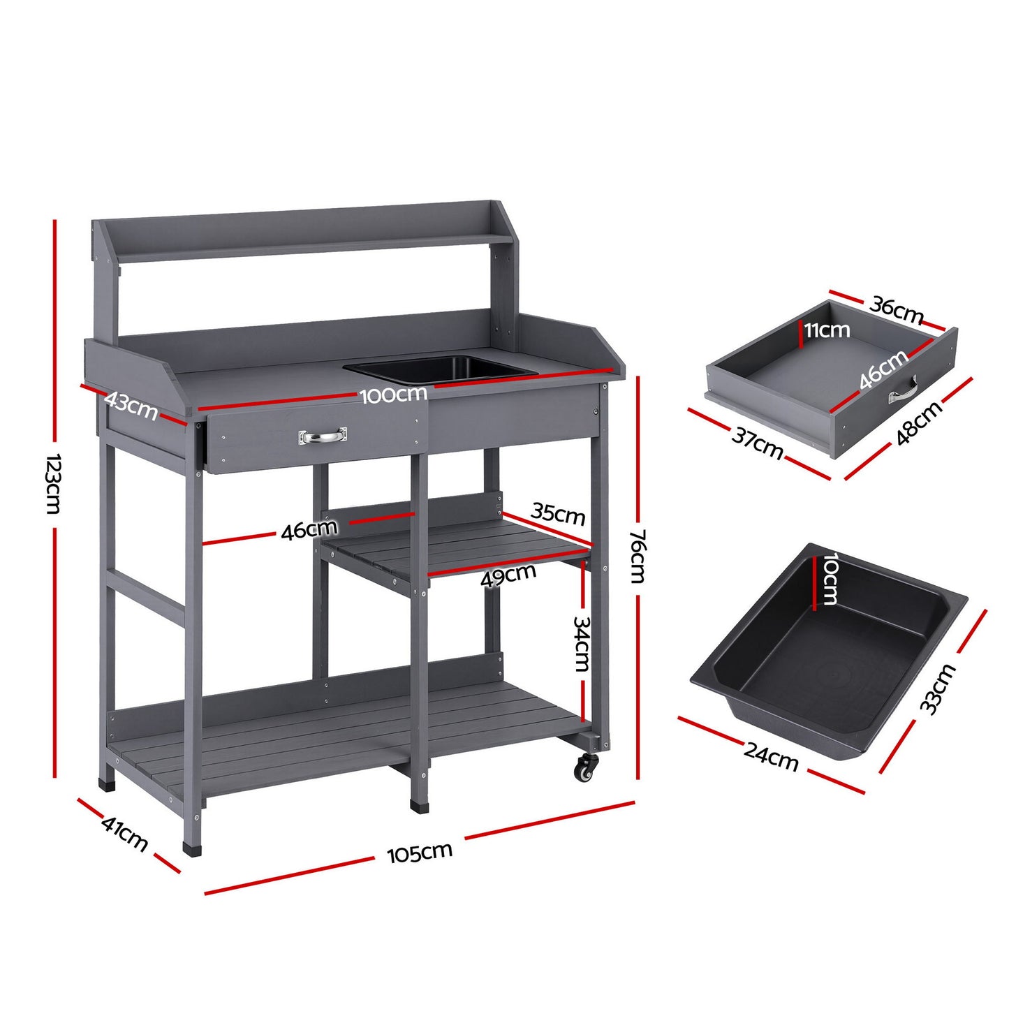 Gardeon Outdoor Potting Bench Table Storage Cabinet Potters Garden Workstation Grey OSC-CABI-WOOD-WHEEL-GE
