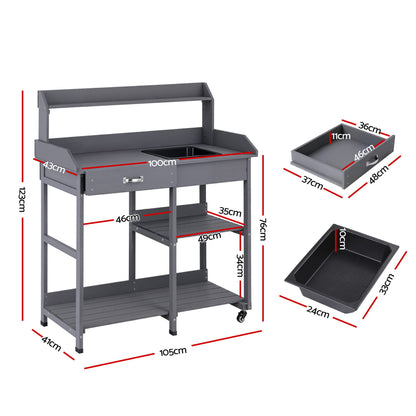 Gardeon Outdoor Potting Bench Table Storage Cabinet Potters Garden Workstation Grey OSC-CABI-WOOD-WHEEL-GE