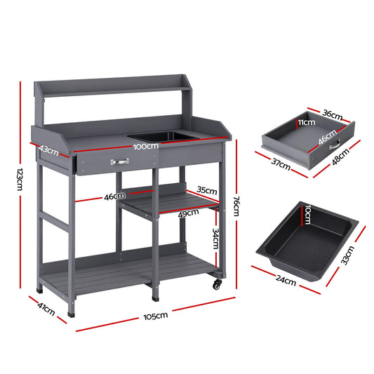 Gardeon Outdoor Potting Bench Table Storage Cabinet Potters Garden Workstation Grey OSC-CABI-WOOD-WHEEL-GE