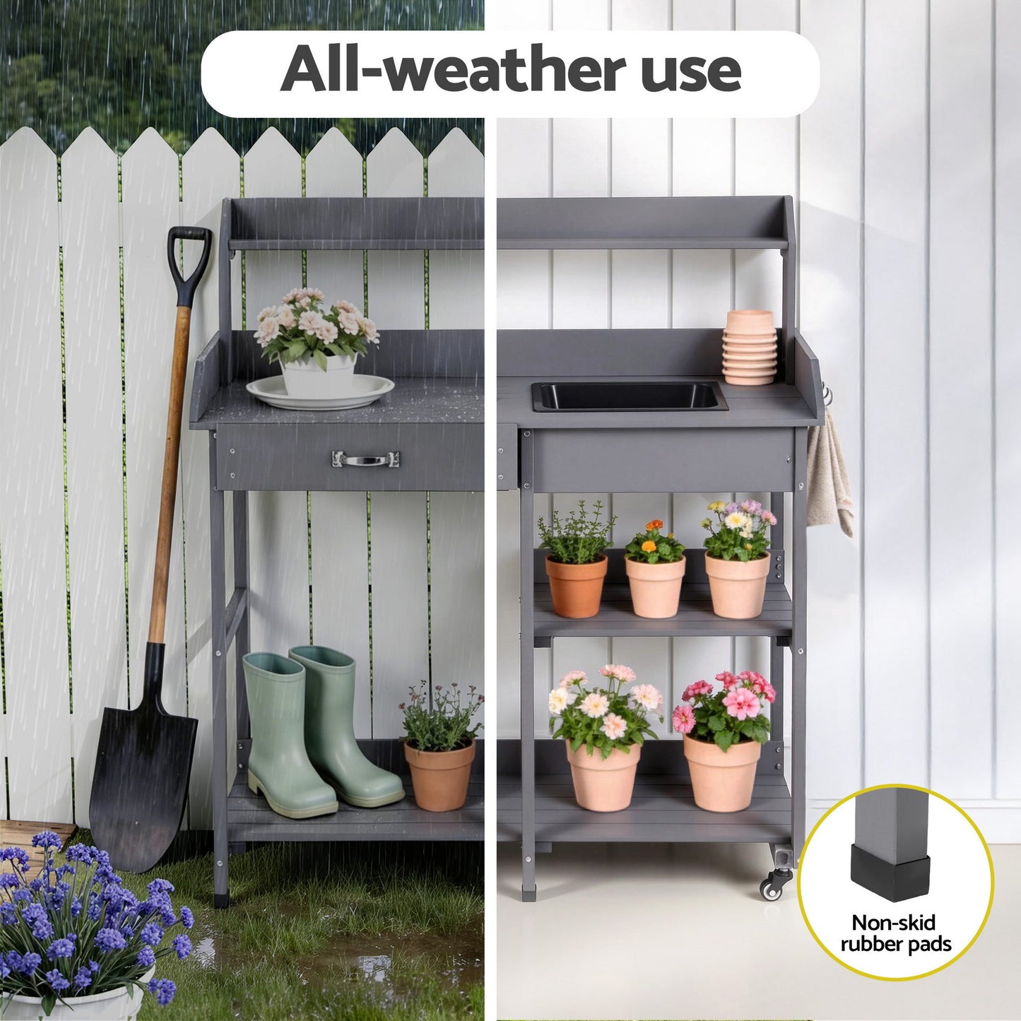 Gardeon Outdoor Potting Bench Table Storage Cabinet Potters Garden Workstation Grey OSC-CABI-WOOD-WHEEL-GE