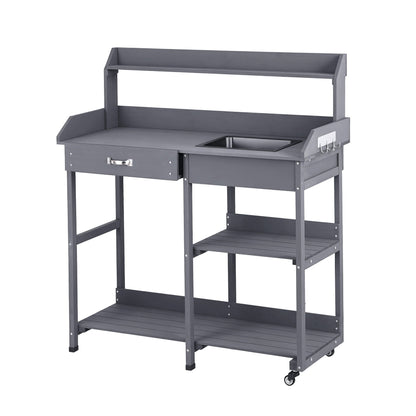 Gardeon Outdoor Potting Bench Table Storage Cabinet Potters Garden Workstation Grey OSC-CABI-WOOD-WHEEL-GE