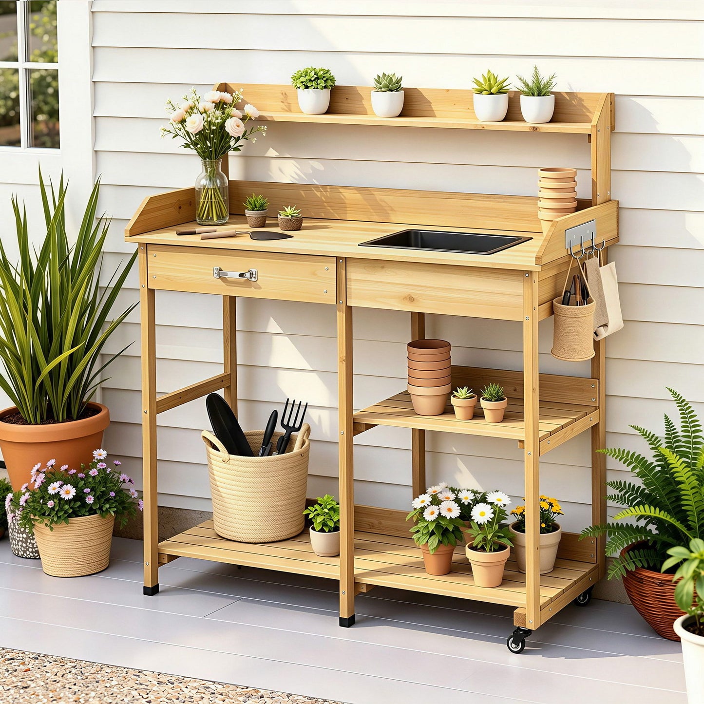 Gardeon Outdoor Potting Bench Table Storage Cabinet Potters Garden Workstation Natural OSC-CABI-WOOD-WHEEL-NTL