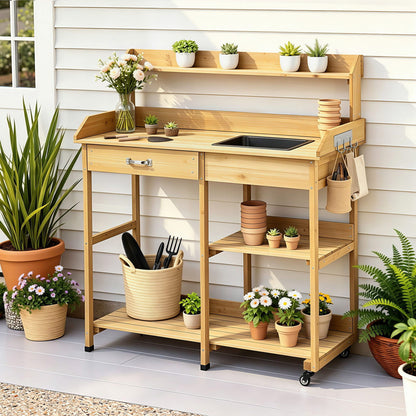 Gardeon Outdoor Potting Bench Table Storage Cabinet Potters Garden Workstation Natural OSC-CABI-WOOD-WHEEL-NTL