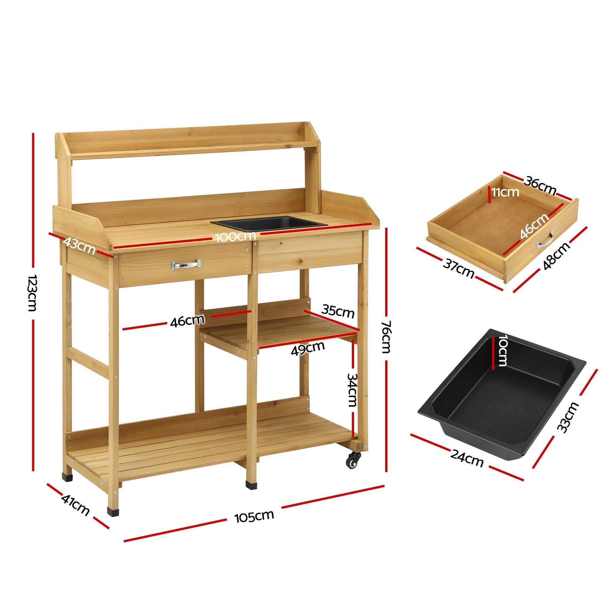 Gardeon Outdoor Potting Bench Table Storage Cabinet Potters Garden Workstation Natural OSC-CABI-WOOD-WHEEL-NTL