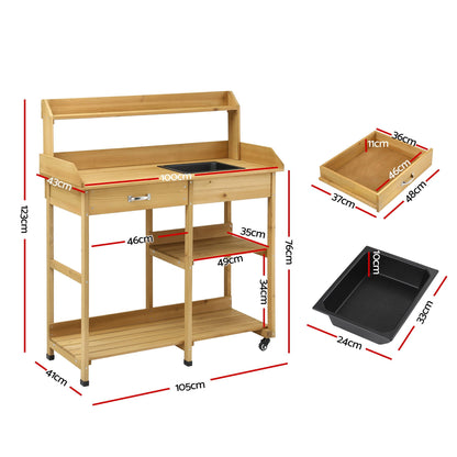 Gardeon Outdoor Potting Bench Table Storage Cabinet Potters Garden Workstation Natural OSC-CABI-WOOD-WHEEL-NTL