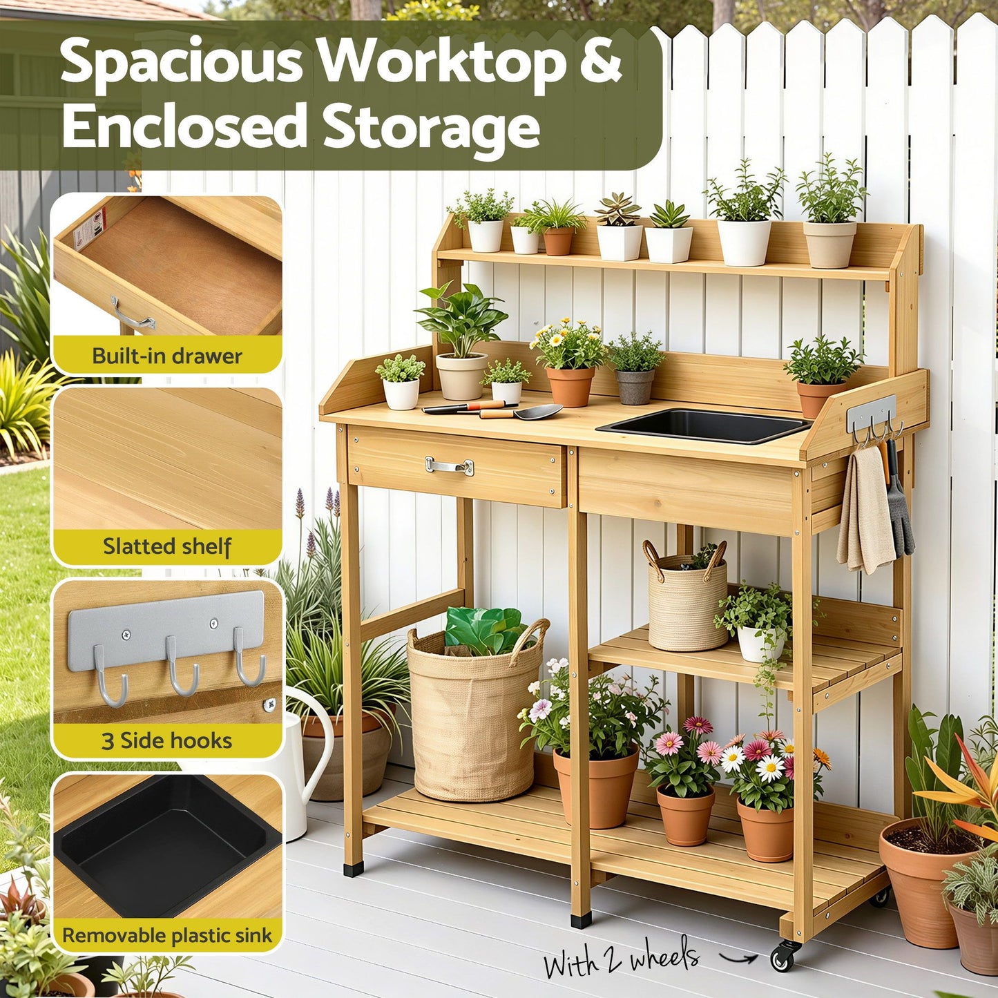Gardeon Outdoor Potting Bench Table Storage Cabinet Potters Garden Workstation Natural OSC-CABI-WOOD-WHEEL-NTL