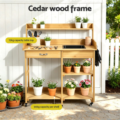 Gardeon Outdoor Potting Bench Table Storage Cabinet Potters Garden Workstation Natural OSC-CABI-WOOD-WHEEL-NTL