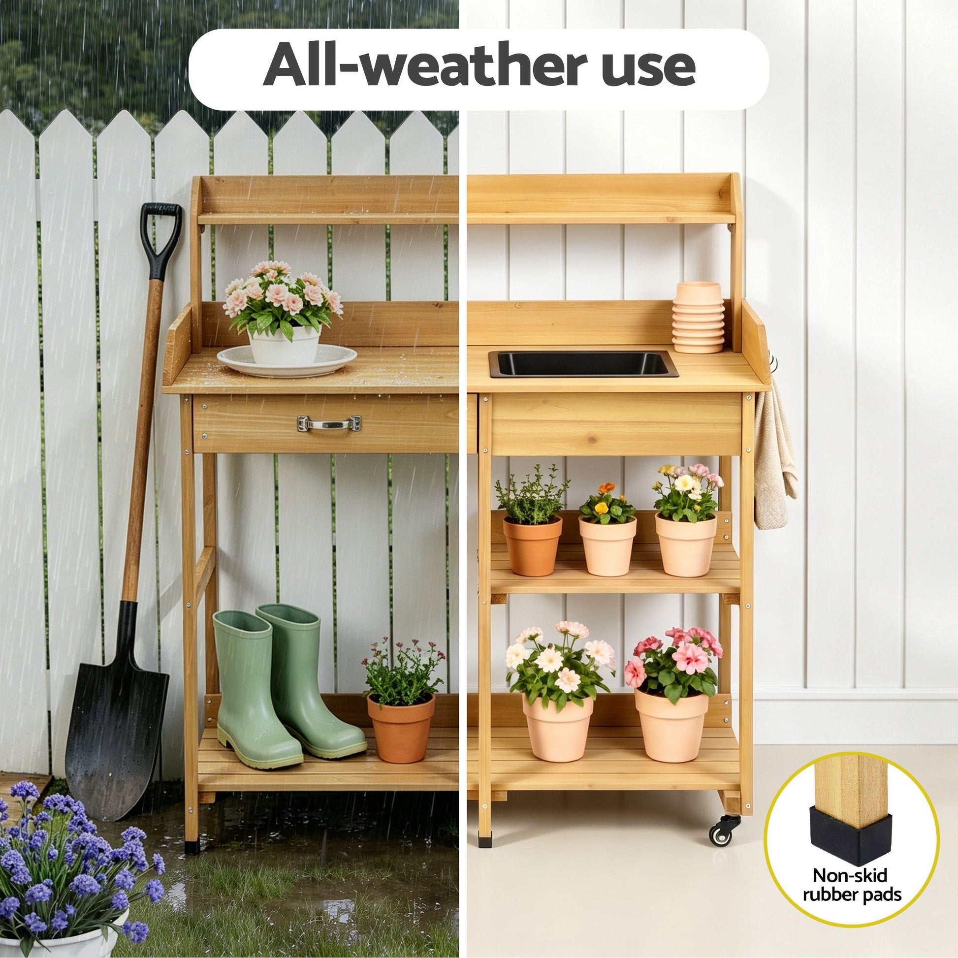Gardeon Outdoor Potting Bench Table Storage Cabinet Potters Garden Workstation Natural OSC-CABI-WOOD-WHEEL-NTL