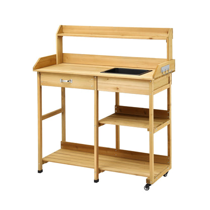 Gardeon Outdoor Potting Bench Table Storage Cabinet Potters Garden Workstation Natural OSC-CABI-WOOD-WHEEL-NTL