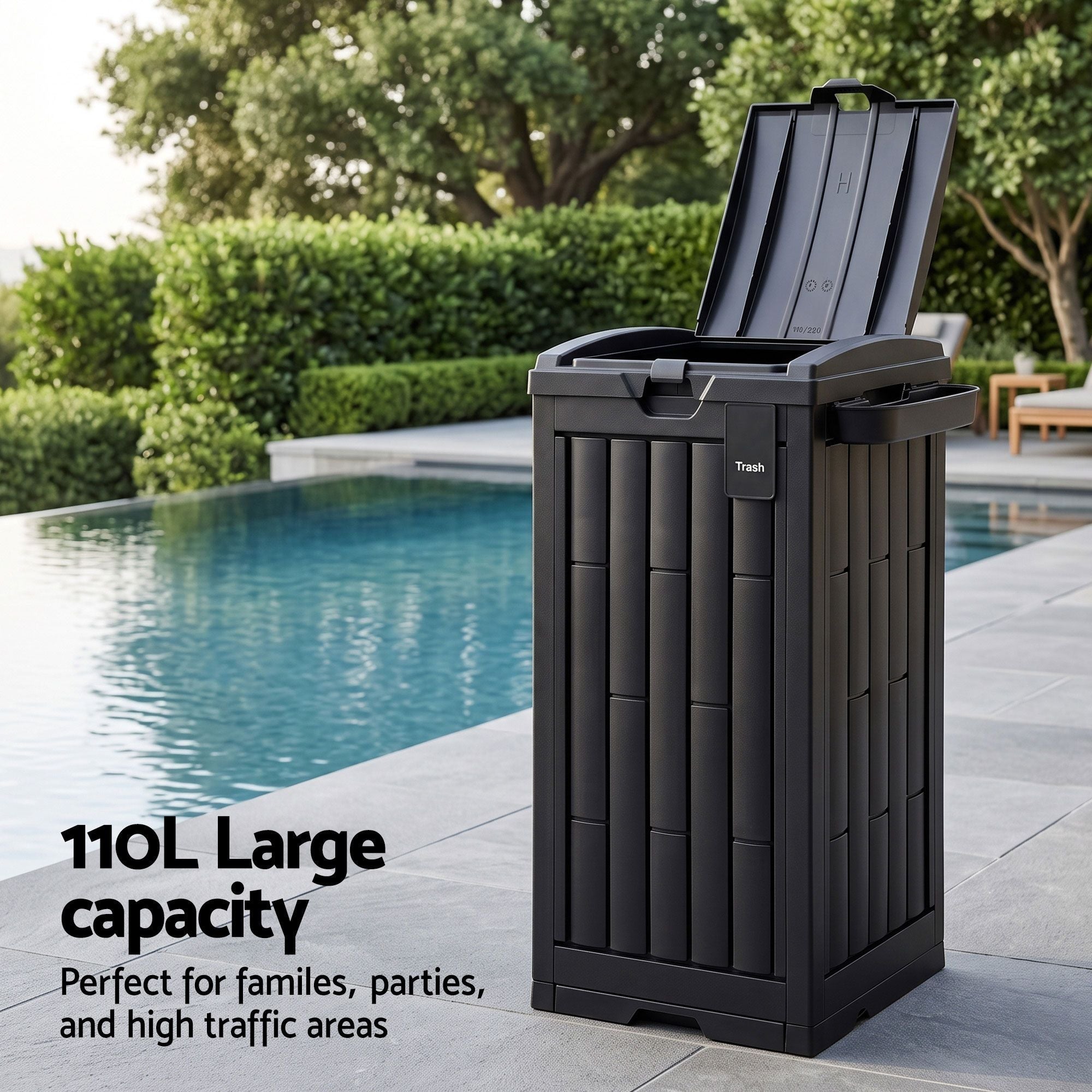 Gardeon Outdoor Trash Cans Polypropylene Patio Hideaway Bin 110L Black