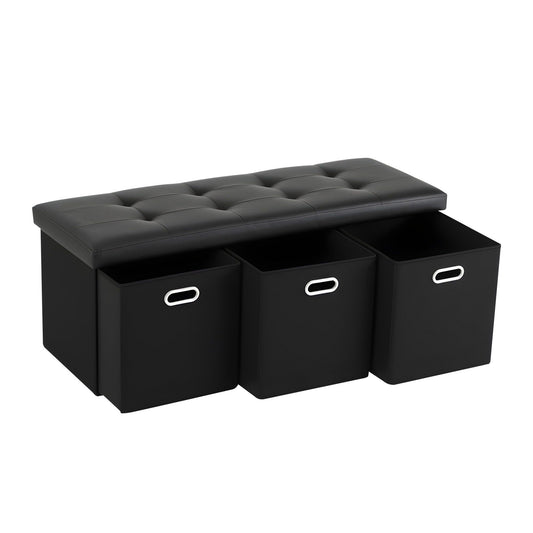Artiss Storage Ottoman with 3 Cube Drawers Foot Stool Rest Foldable Black OTM-C-3DRS-PU-BK