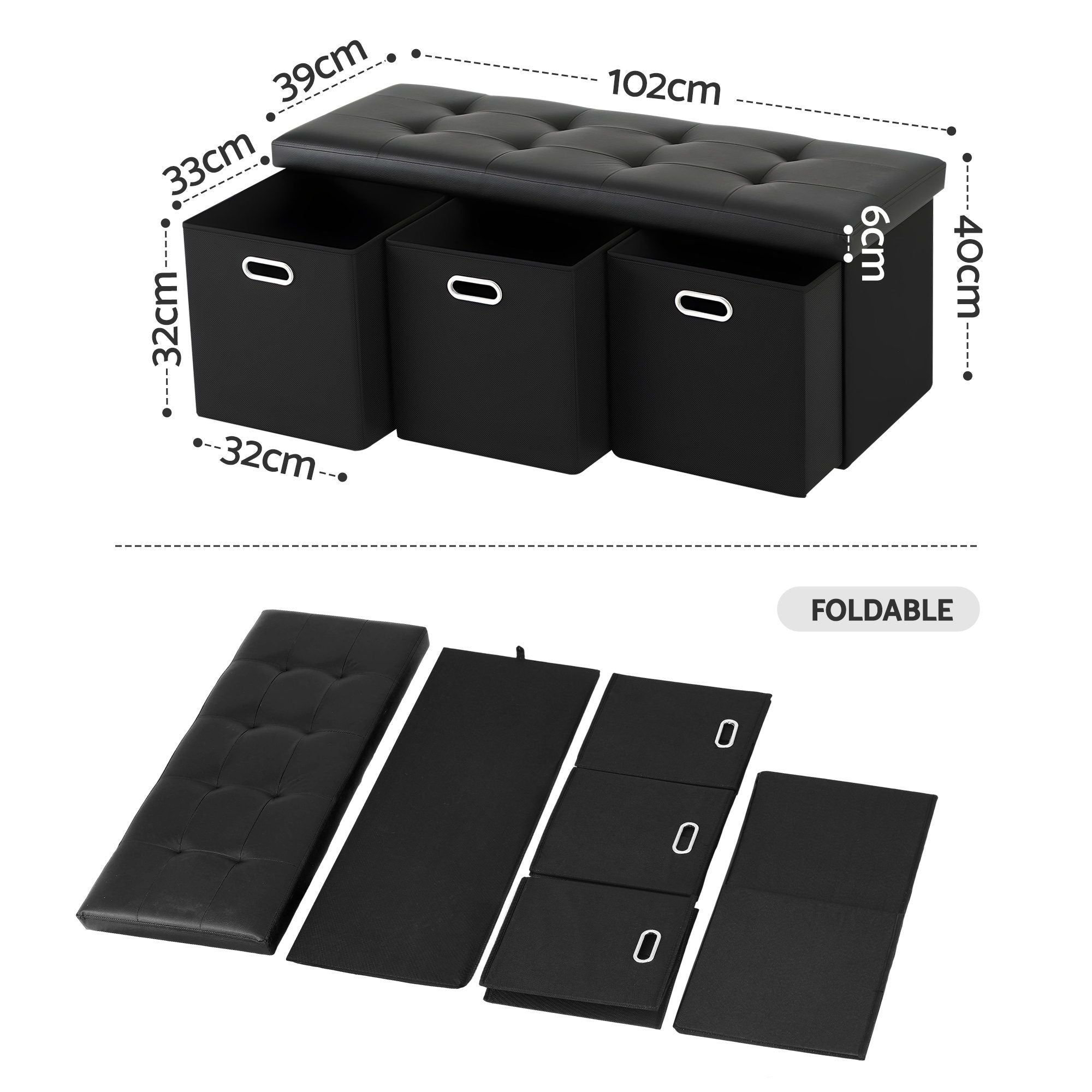 Artiss Storage Ottoman with 3 Cube Drawers Foot Stool Rest Foldable Black OTM-C-3DRS-PU-BK