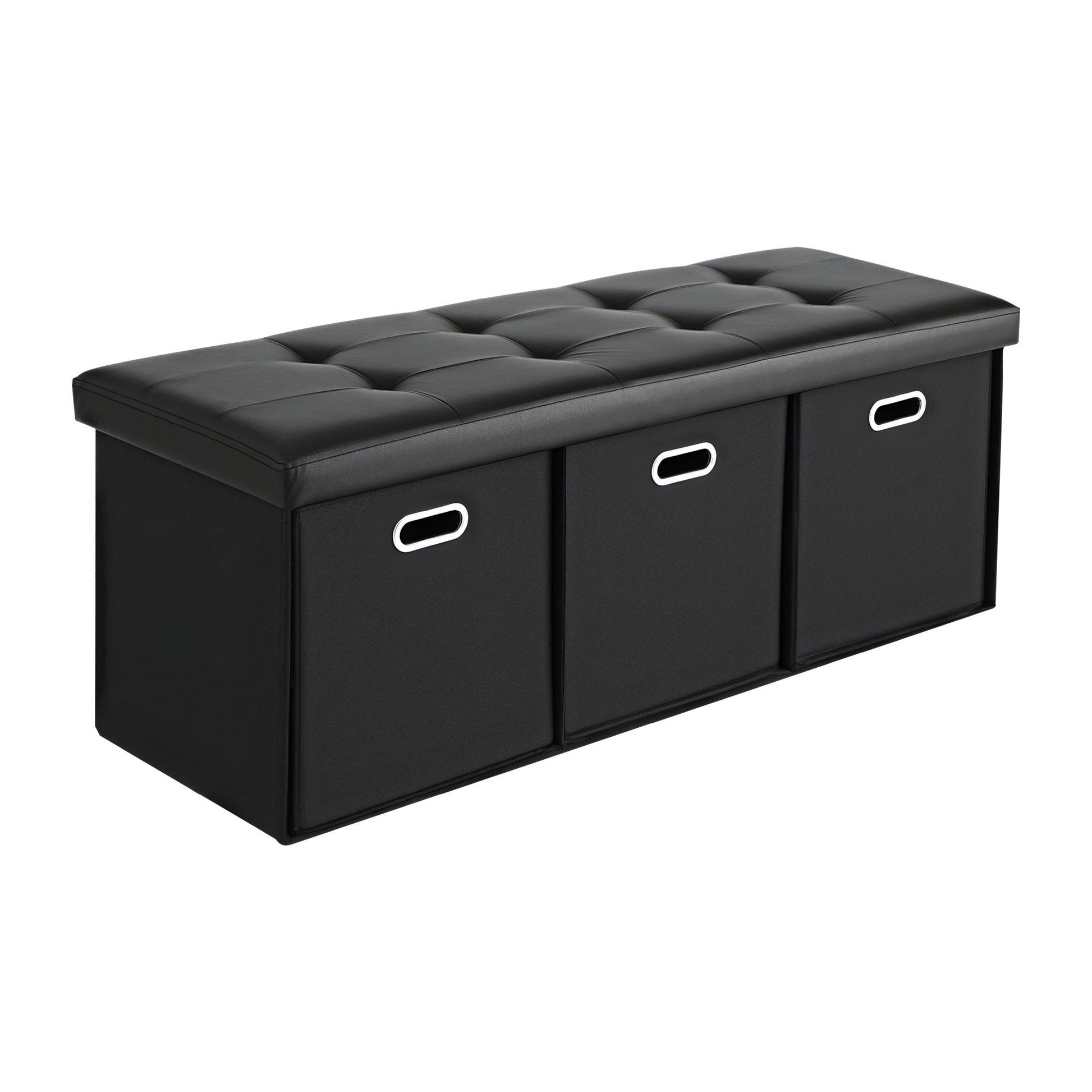 Artiss Storage Ottoman with 3 Cube Drawers Foot Stool Rest Foldable Black OTM-C-3DRS-PU-BK