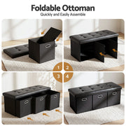 Artiss Storage Ottoman with 3 Cube Drawers Foot Stool Rest Foldable Black OTM-C-3DRS-PU-BK