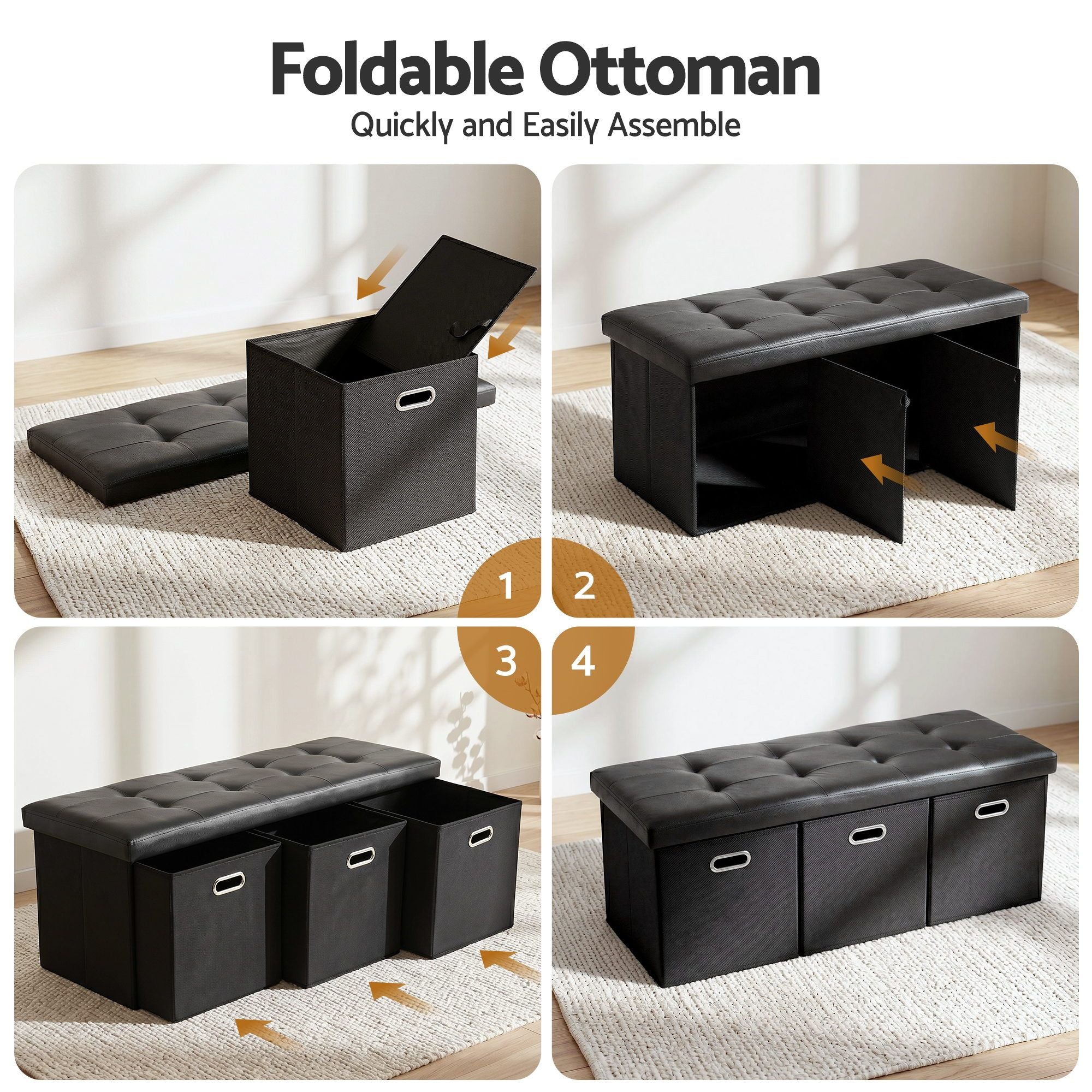 Artiss Storage Ottoman with 3 Cube Drawers Foot Stool Rest Foldable Black OTM-C-3DRS-PU-BK