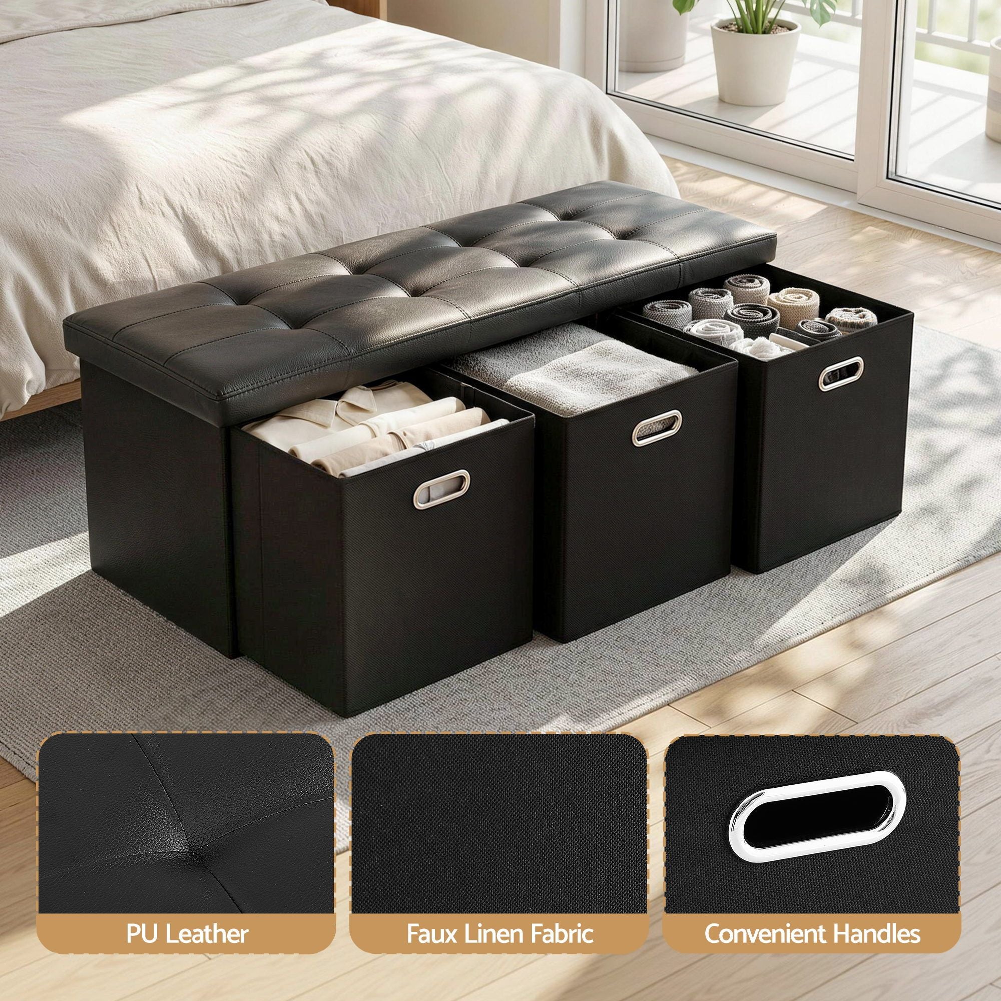 Artiss Storage Ottoman with 3 Cube Drawers Foot Stool Rest Foldable Black OTM-C-3DRS-PU-BK