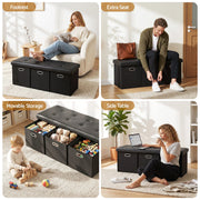 Artiss Storage Ottoman with 3 Cube Drawers Foot Stool Rest Foldable Black OTM-C-3DRS-PU-BK