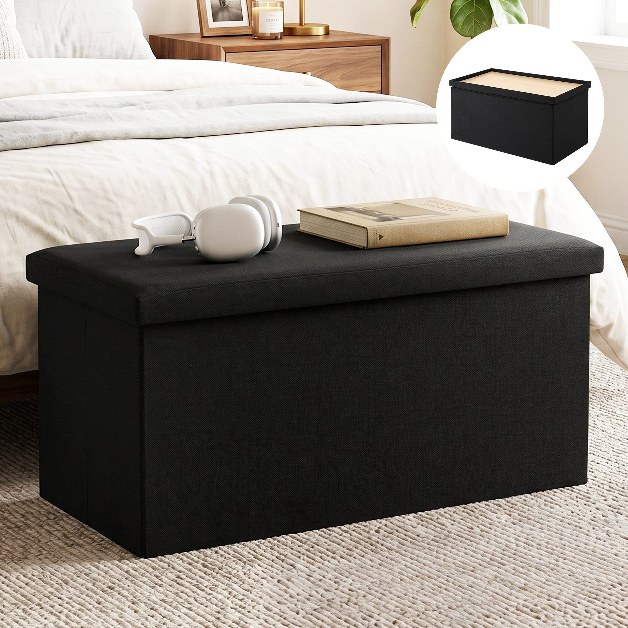 Artiss Storage Ottoman Bench Folding Blanket Box Toy Organiser Foot Stool Black OTM-C-COF-LIN-BK