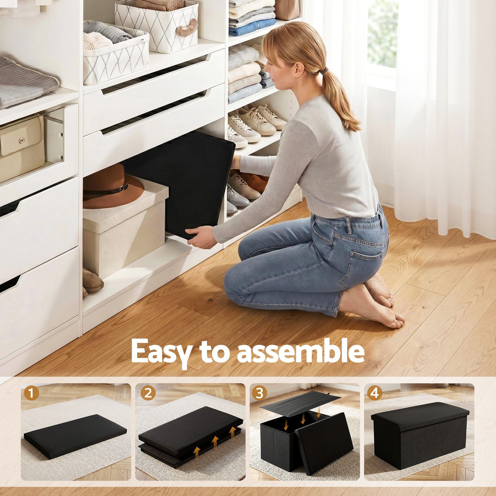 Artiss Storage Ottoman Bench Folding Blanket Box Toy Organiser Foot Stool Black OTM-C-COF-LIN-BK