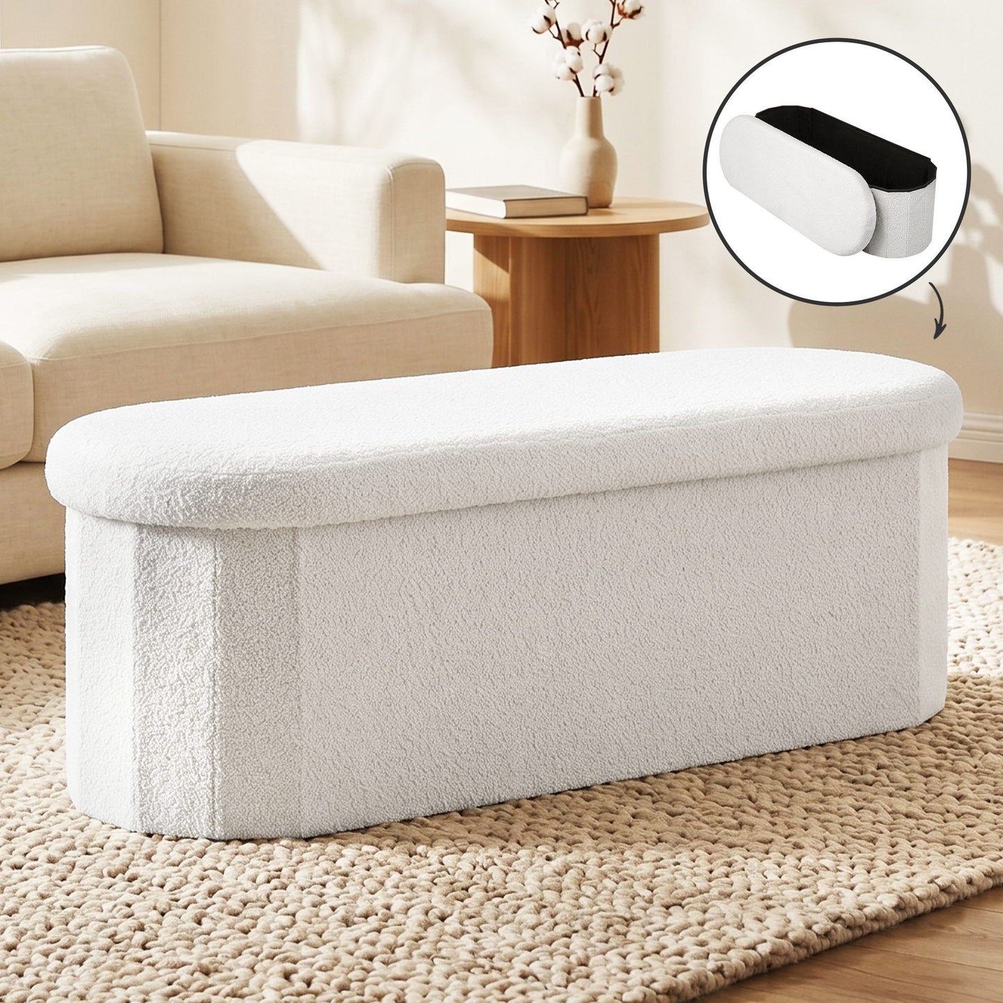 Artiss Storage Ottoman Foot Stool Rest Boucle Fabric Foldable White OTM-C-OVL-TED-WH