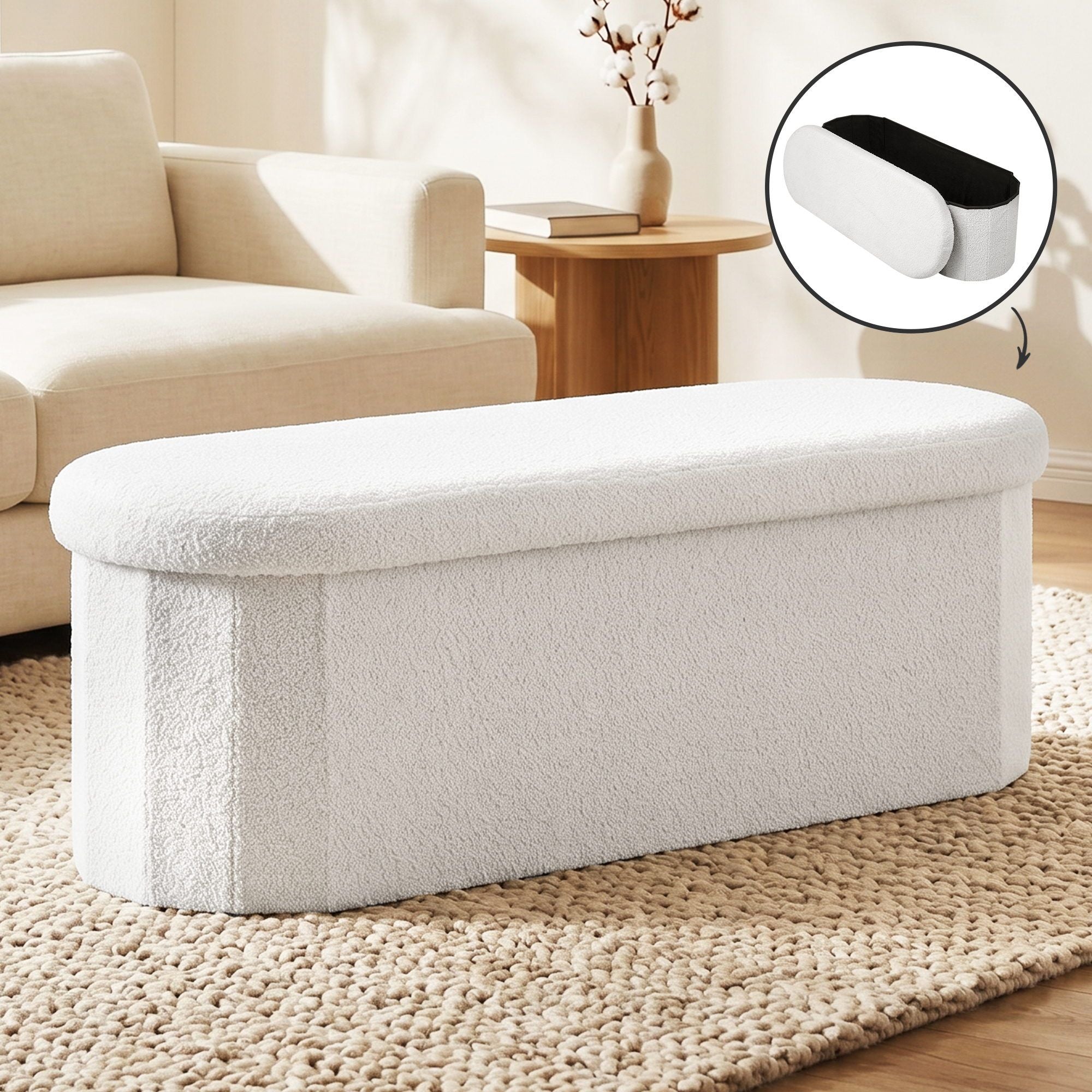 Artiss Storage Ottoman Foot Stool Rest Boucle Fabric Foldable White OTM-C-OVL-TED-WH