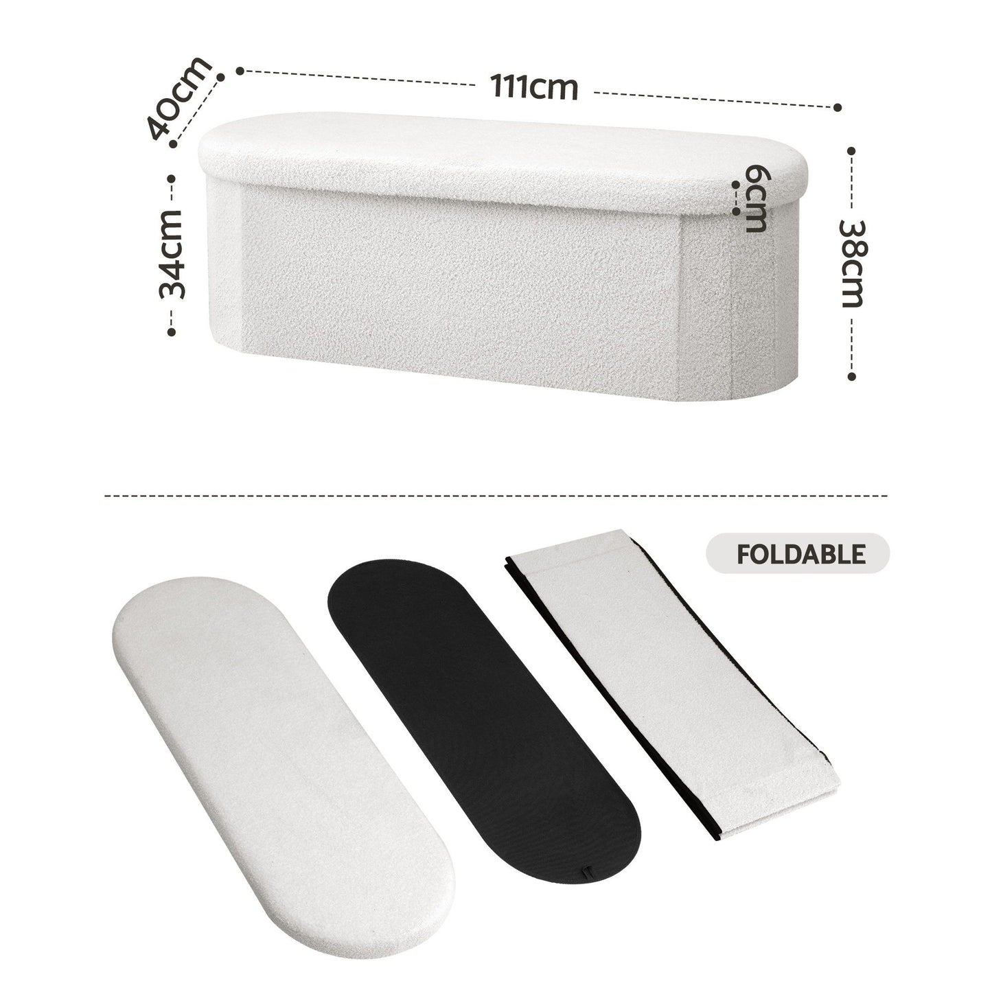 Artiss Storage Ottoman Foot Stool Rest Boucle Fabric Foldable White OTM-C-OVL-TED-WH
