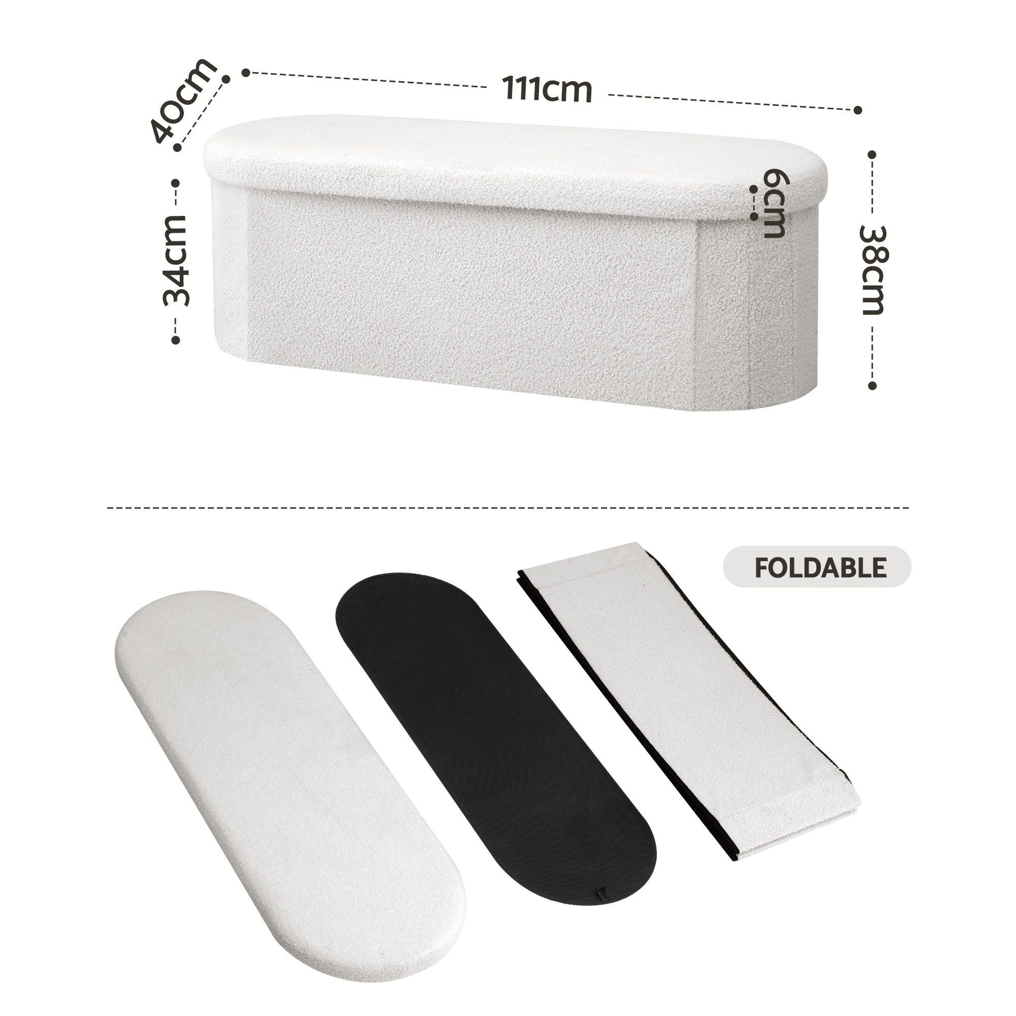 Artiss Storage Ottoman Foot Stool Rest Boucle Fabric Foldable White OTM-C-OVL-TED-WH