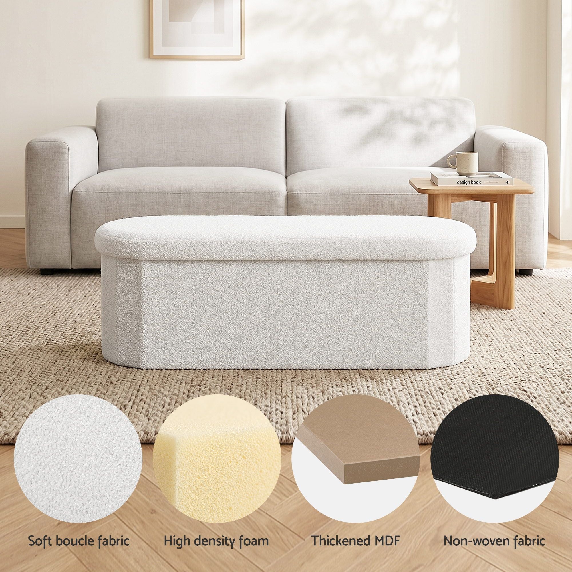 Artiss Storage Ottoman Foot Stool Rest Boucle Fabric Foldable White OTM-C-OVL-TED-WH