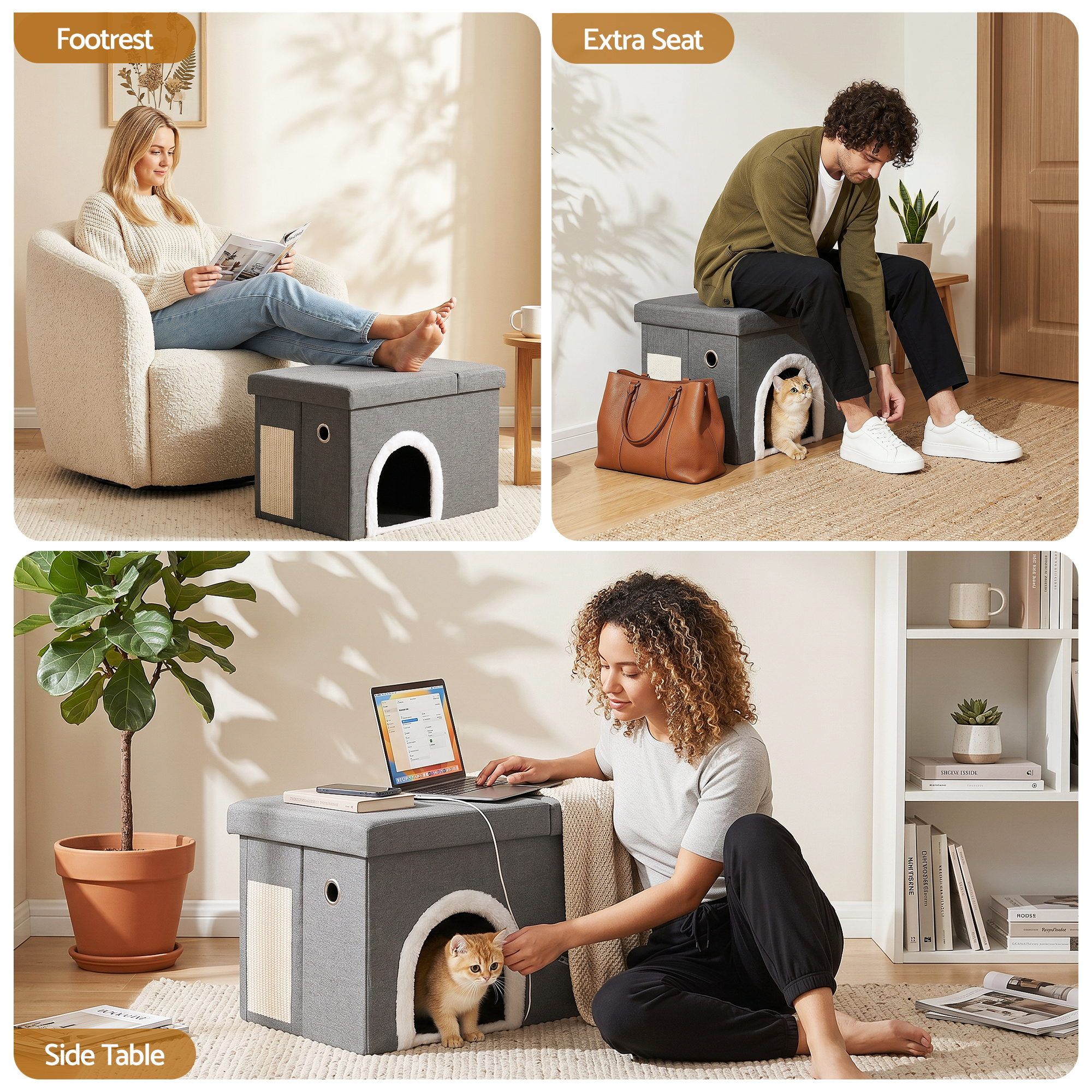 Artiss Storage Ottoman Foot Stool Cat Litter Box Enclosure Foldable Grey OTM-C-PET-FB-GY
