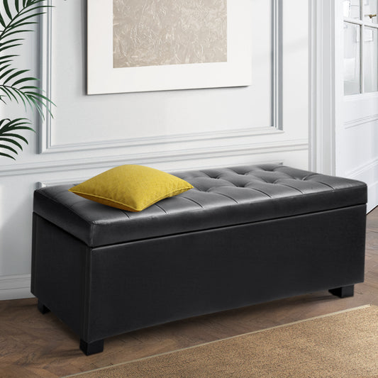 Artiss Storage Ottoman Blanket Box 97cm Leather Black OTM-L2-BK