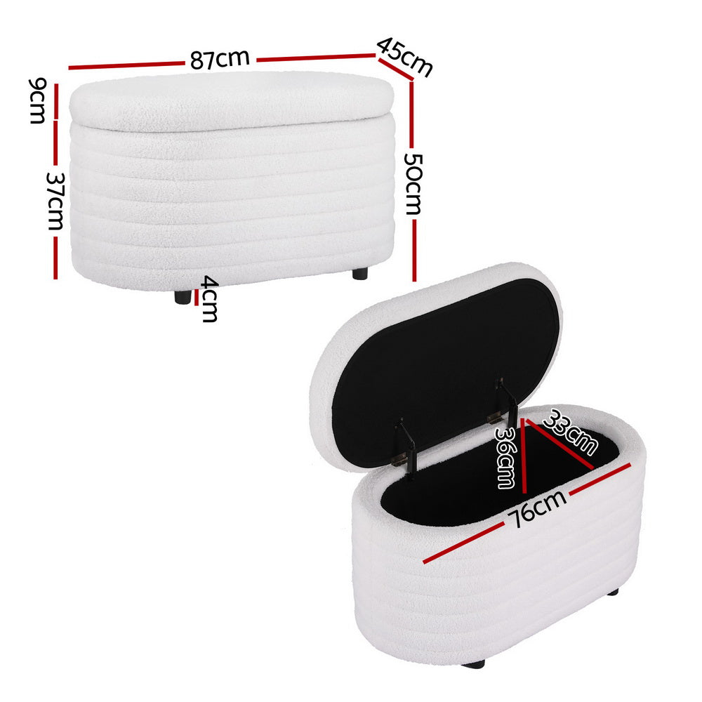 Artiss Storage Ottoman Blanket Box 87cm Boucle Fabric Oval OTM-OVL-01-TED-WH
