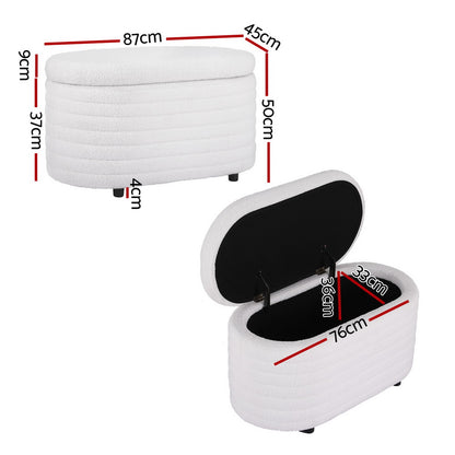 Artiss Storage Ottoman Blanket Box 87cm Boucle Fabric Oval OTM-OVL-01-TED-WH