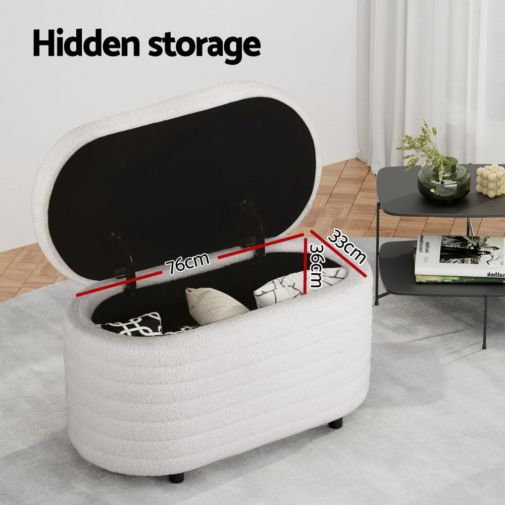 Artiss Storage Ottoman Blanket Box 87cm Boucle Fabric Oval OTM-OVL-01-TED-WH